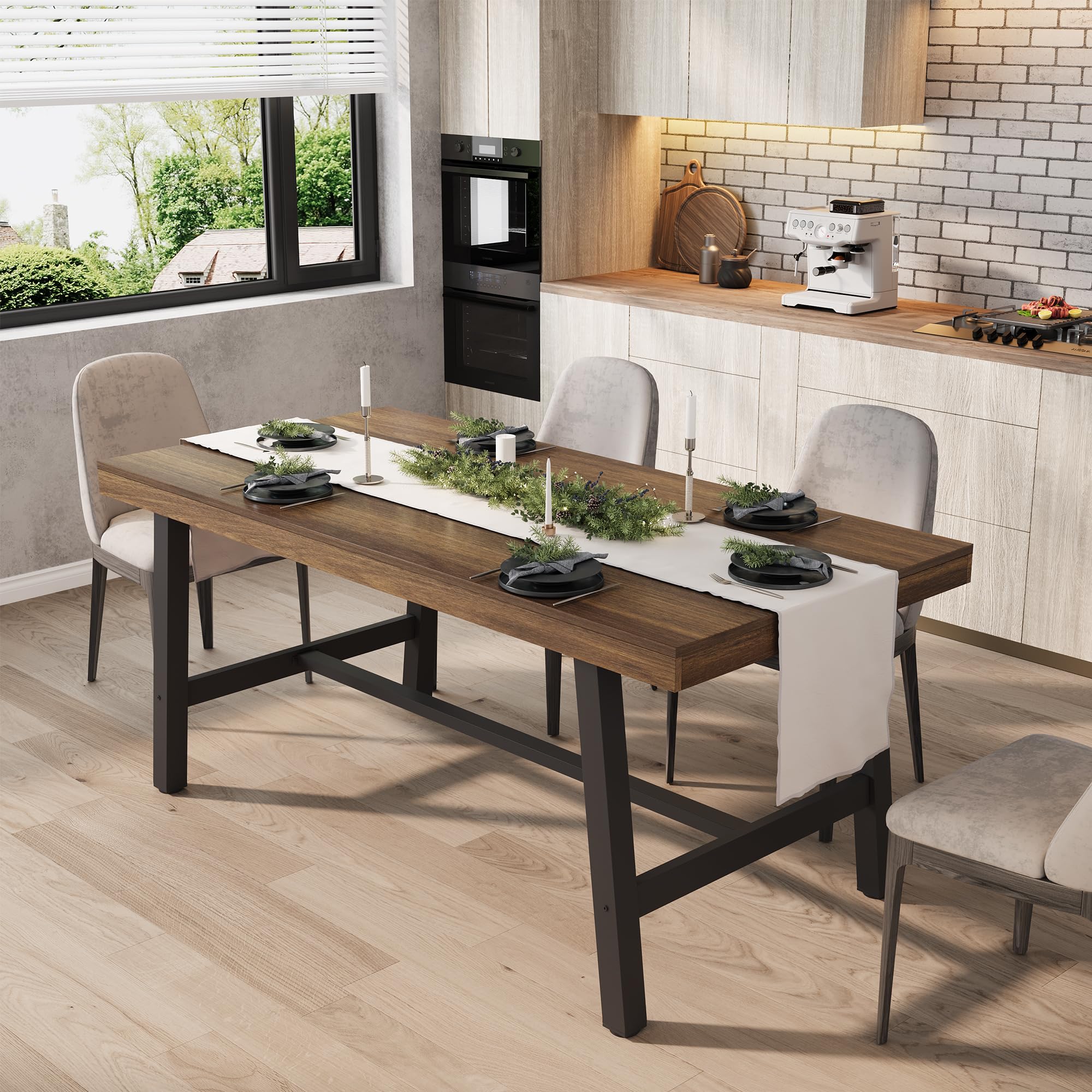 GarveeHome 63-83" Extendable Dining Table, Industrial Rectangular Dining Room Table for 6-8 People, Expandable Kitchen Table with Heavy Duty Metal Frame for Dining Room, Kitchen & Parties, Rustic Pear