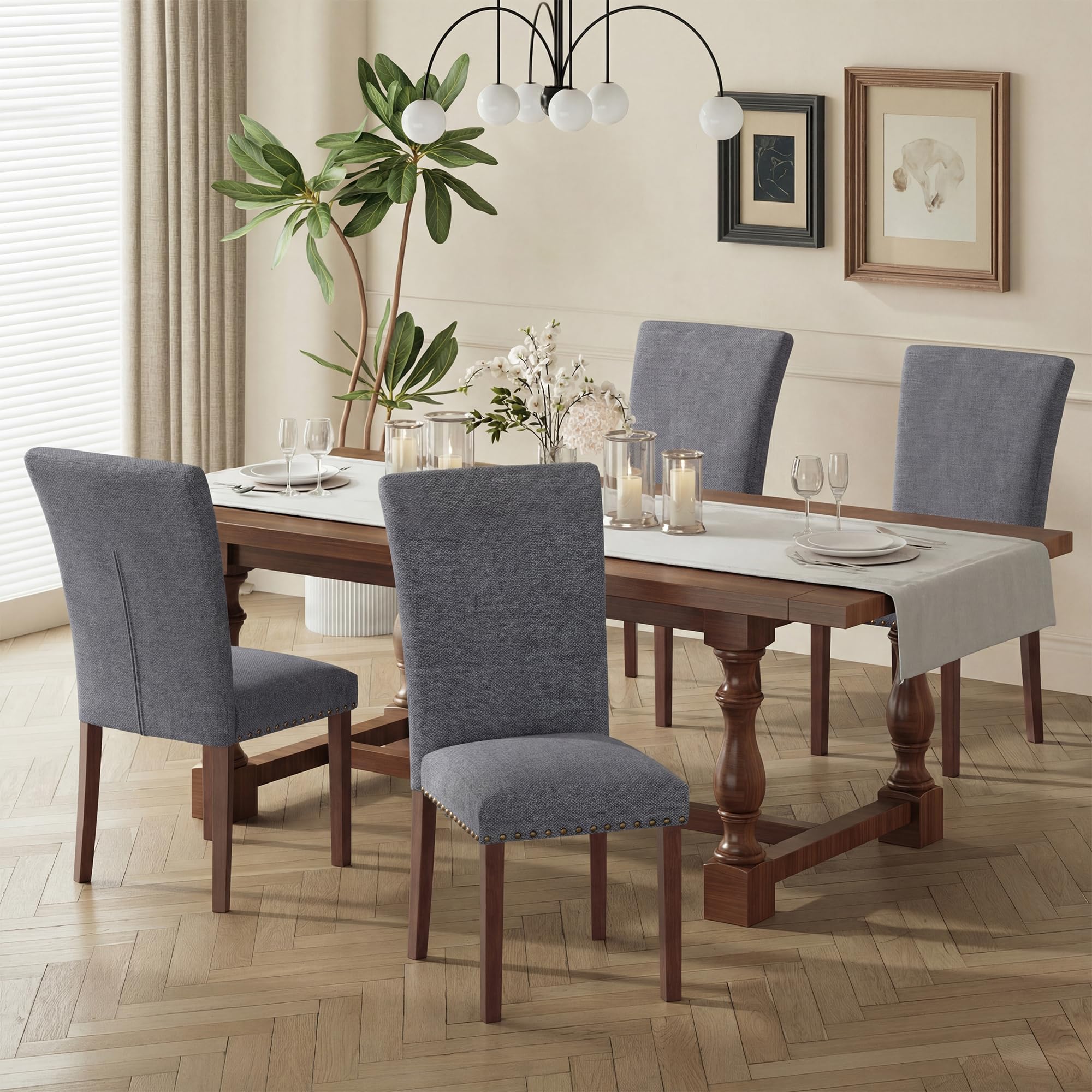 COLAMY Upholstered Fabric Dining Chairs Set of 6, High Back Padded Chairs w/Nailed Trim & Solid Wood Legs, Classic Parsons Chairs Side Chair for Home/Kitchen/Living Room-Beige (A420-BEIGE-6pcs)