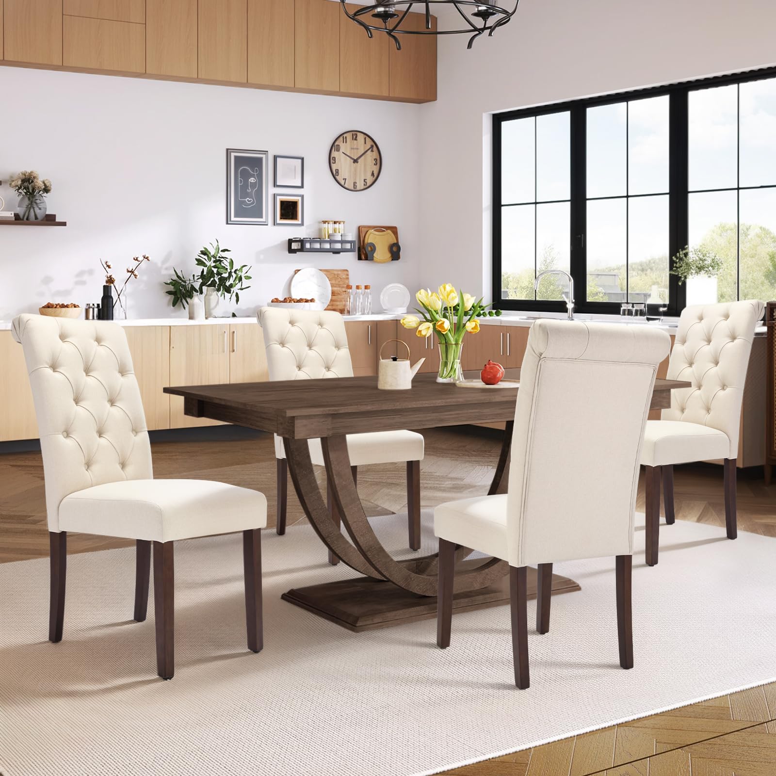 COLAMY Button Tufted Dining Chairs Set of 6, Parsons Upholstered Fabric Dining Room Chairs Kitchen Chairs with Wood Legs and Padded Seat, Taupe