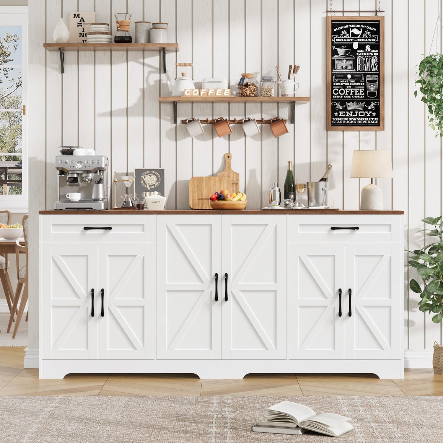 BOTLOG 71” Large Sideboard Buffet Cabinet with Storage, Farmhouse Kitchen Buffet Cabinet with Adjustable Shelves and 6 Barn Doors, Wood Coffee Wine Bar Console Table for Kitchen, Dining Room, White