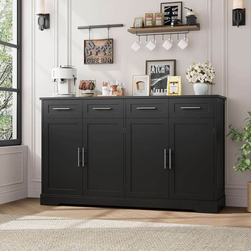 HOSTACK 60" Large Buffet Sideboard with Storage, 36" Tall Kitchen Buffet Storage Cabinet with 4 Drawer, Modern Coffee Bar Cabinet with Silver Handle, Long Sideboard Buffet Table for Kitchen, Black