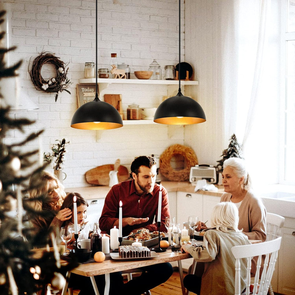 Farmhouse Pendant Lighting for Kitchen Island,Black and Gold Dome Pendant Light Fixtures, Industrial Hanging Ceiling Light for Dining Room Foyer Cafe Kitchen Sink,2 Pack