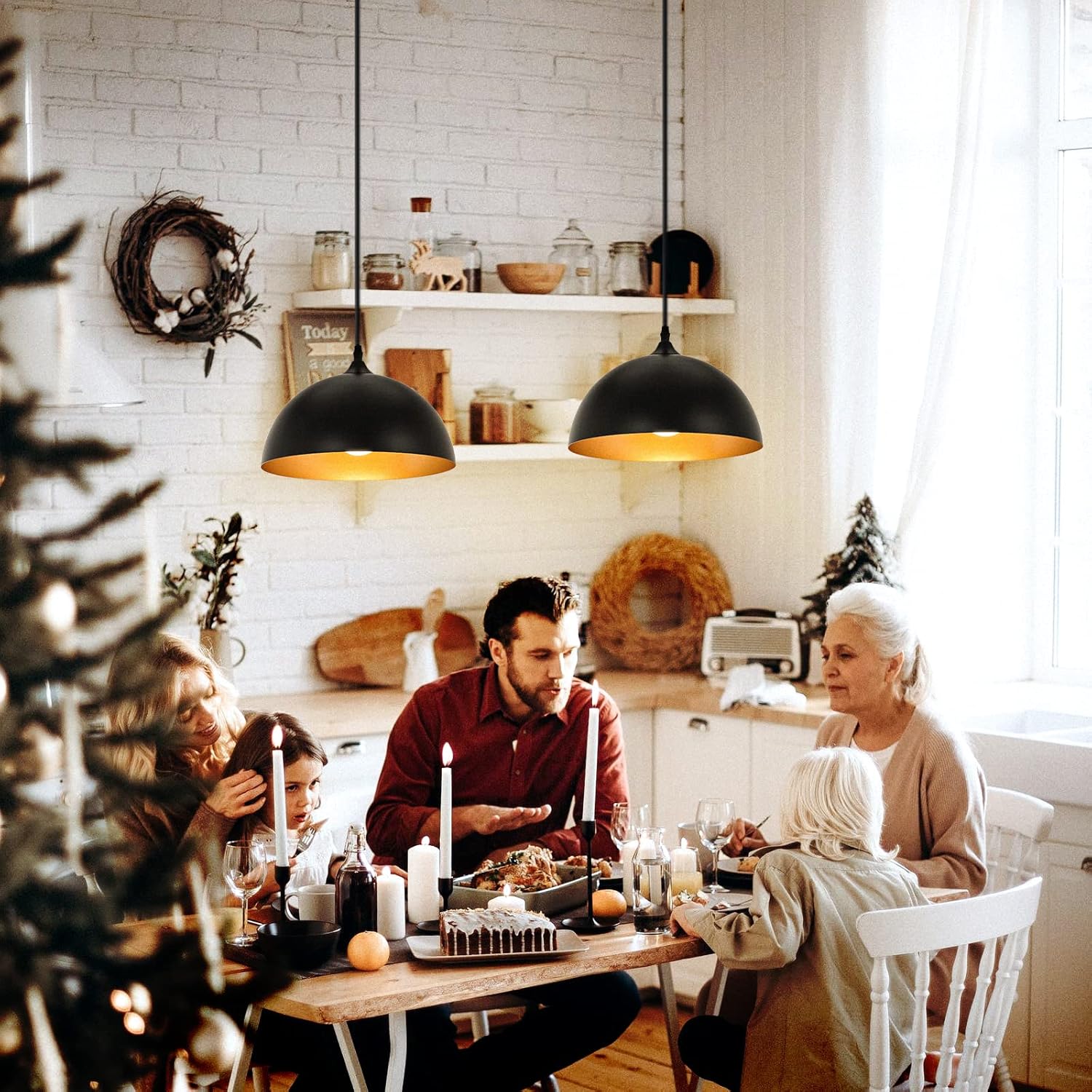 Farmhouse Pendant Lighting for Kitchen Island,Black and Gold Dome Pendant Light Fixtures, Industrial Hanging Ceiling Light for Dining Room Foyer Cafe Kitchen Sink,2 Pack