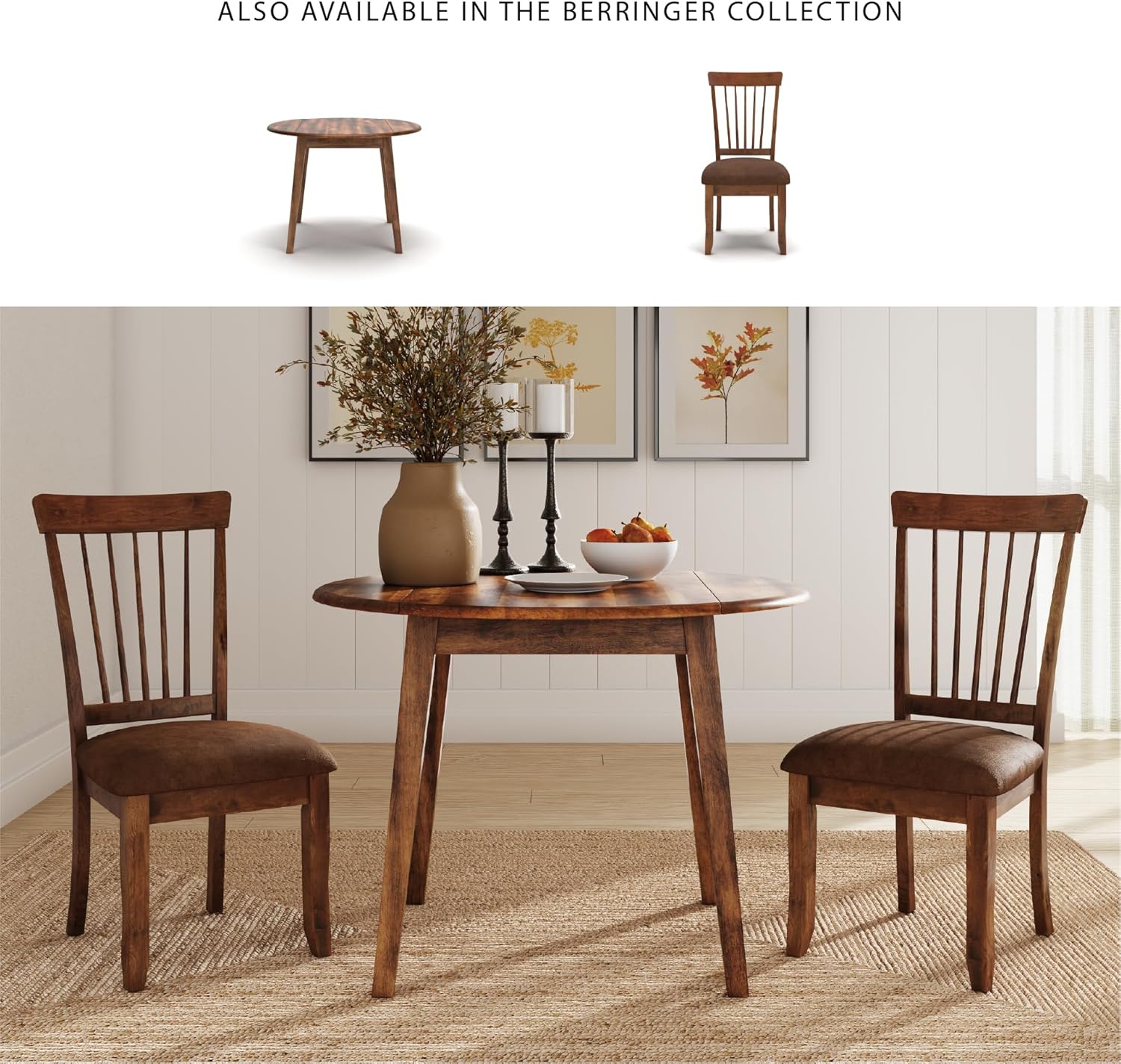 Signature Design by Ashley Berringer | Spindle Back 18" Dining Chairs (Set of 2) – Rustic Light Brown with Upholstered Cushioned Seat