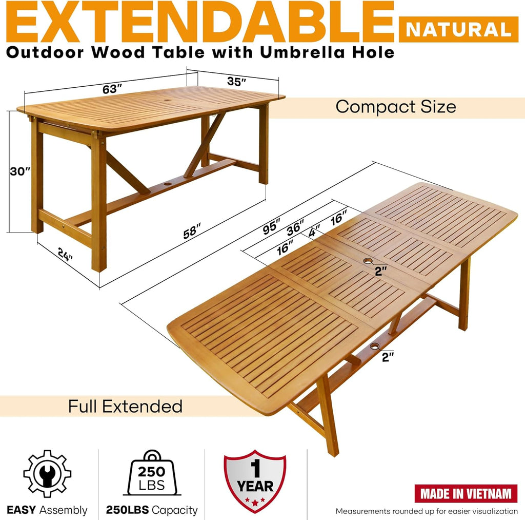 Acacia Extendable Dining Table 63”-95" L for 6-8 Seats, Outdoor Rectangular Table with 2" Umbrella Hole for Garden, Balcony, Poolside & Patio, UV Resistant & Slat Design, Easy Setup - Natural