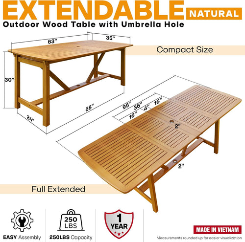 Acacia Extendable Dining Table 63”-95" L for 6-8 Seats, Outdoor Rectangular Table with 2" Umbrella Hole for Garden, Balcony, Poolside & Patio, UV Resistant & Slat Design, Easy Setup - Natural