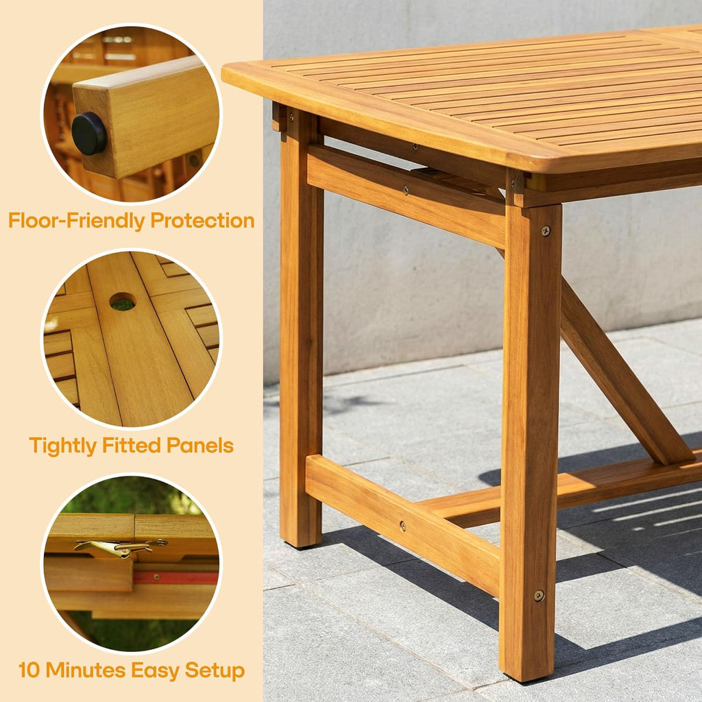 Acacia Extendable Dining Table 63”-95" L for 6-8 Seats, Outdoor Rectangular Table with 2" Umbrella Hole for Garden, Balcony, Poolside & Patio, UV Resistant & Slat Design, Easy Setup - Natural