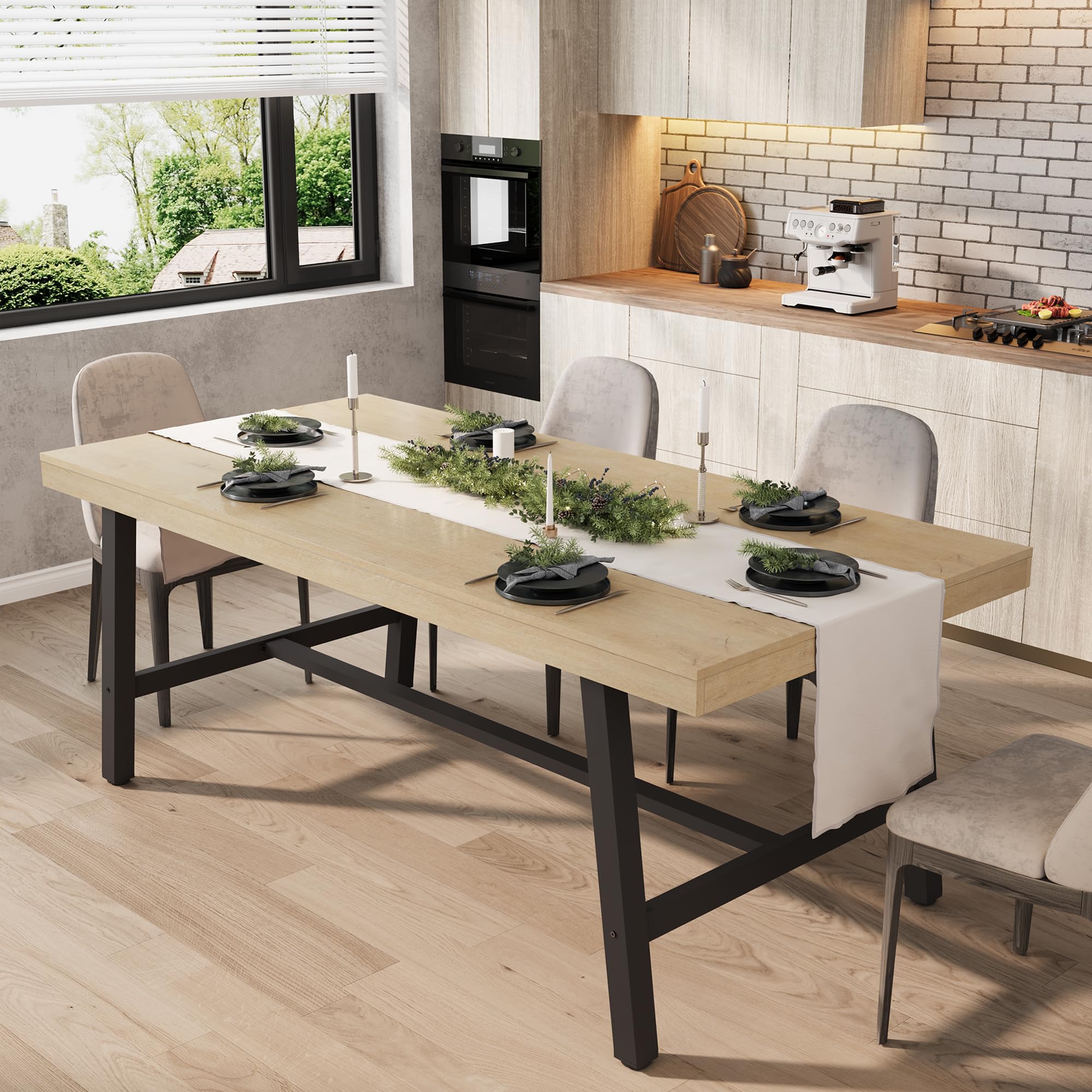 GarveeHome 63-83" Extendable Dining Table, Industrial Rectangular Dining Room Table for 6-8 People, Expandable Kitchen Table with Heavy Duty Metal Frame for Dining Room, Kitchen & Parties, Rustic Pear
