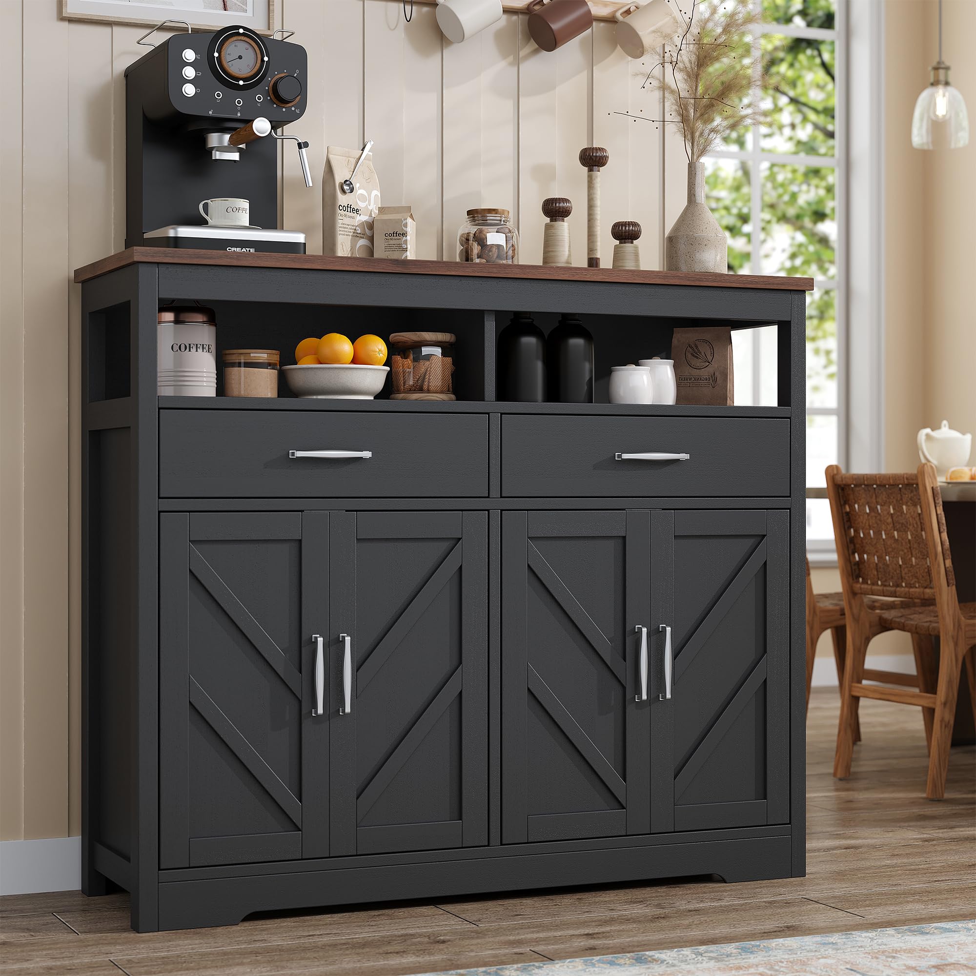 knoworld Buffet Sideboard with Storage with Power Outlets & LED Light 4 Doors, 55'' Large Farmhouse Kitchen Storage Cabinet Wood Coffee Bar Cabinet Buffet Table for Kitchen, Dining Room, Entryway
