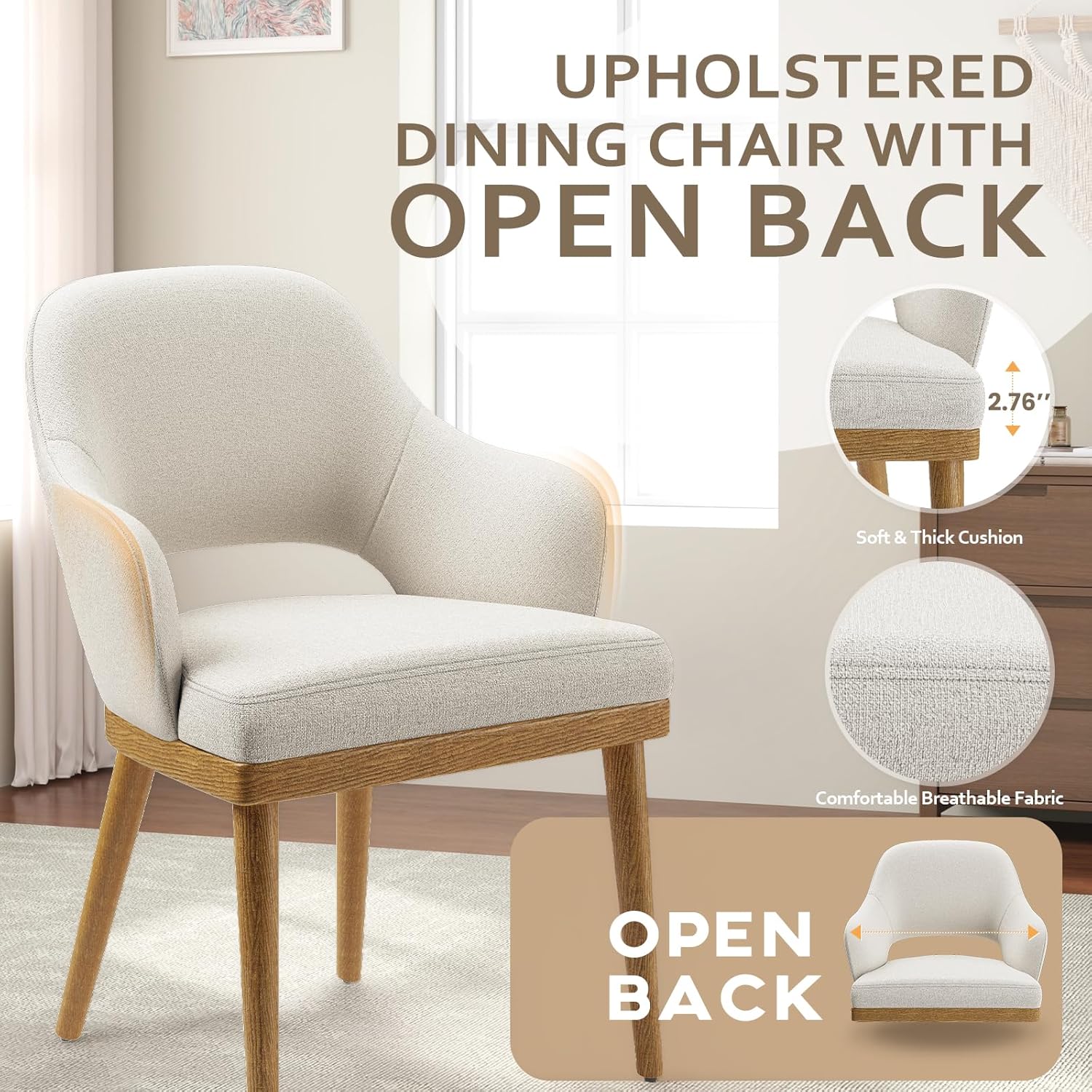 MALOL Wooden Dining Chairs Set of 2, Modern Fabric Upholstered Dining Room Chair, Kitchen Side Chairs, Farmhouse Dinner Chair with Open Back for Kitchen, Beige
