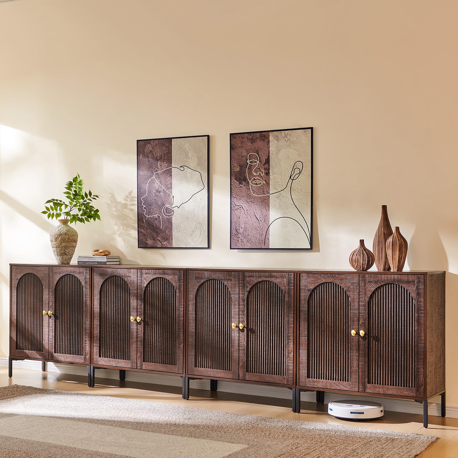 IFGET Modern Buffet Cabinet with Storage, 92.63" W Fluted Arched Sideboard Cabinet w/Adjustable Shelves, Wooden Modular Coffee Bar for Dining Room, Kitchen, Living Room, Entryway, Natural