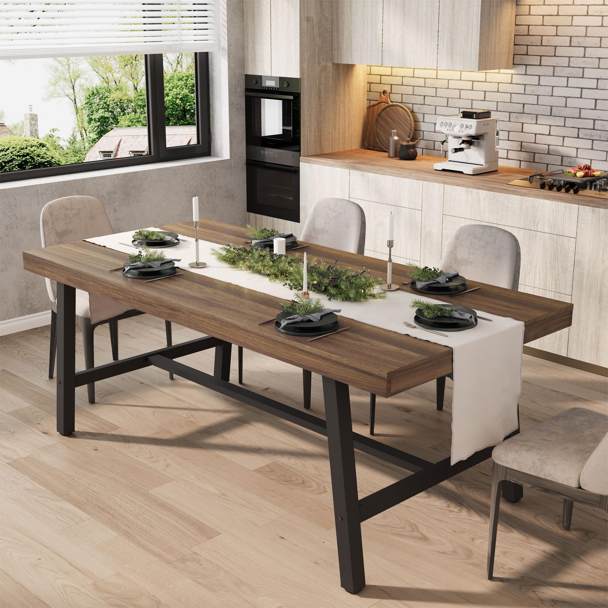 GarveeHome 63-83" Extendable Dining Table, Industrial Rectangular Dining Room Table for 6-8 People, Expandable Kitchen Table with Heavy Duty Metal Frame for Dining Room, Kitchen & Parties, Brown