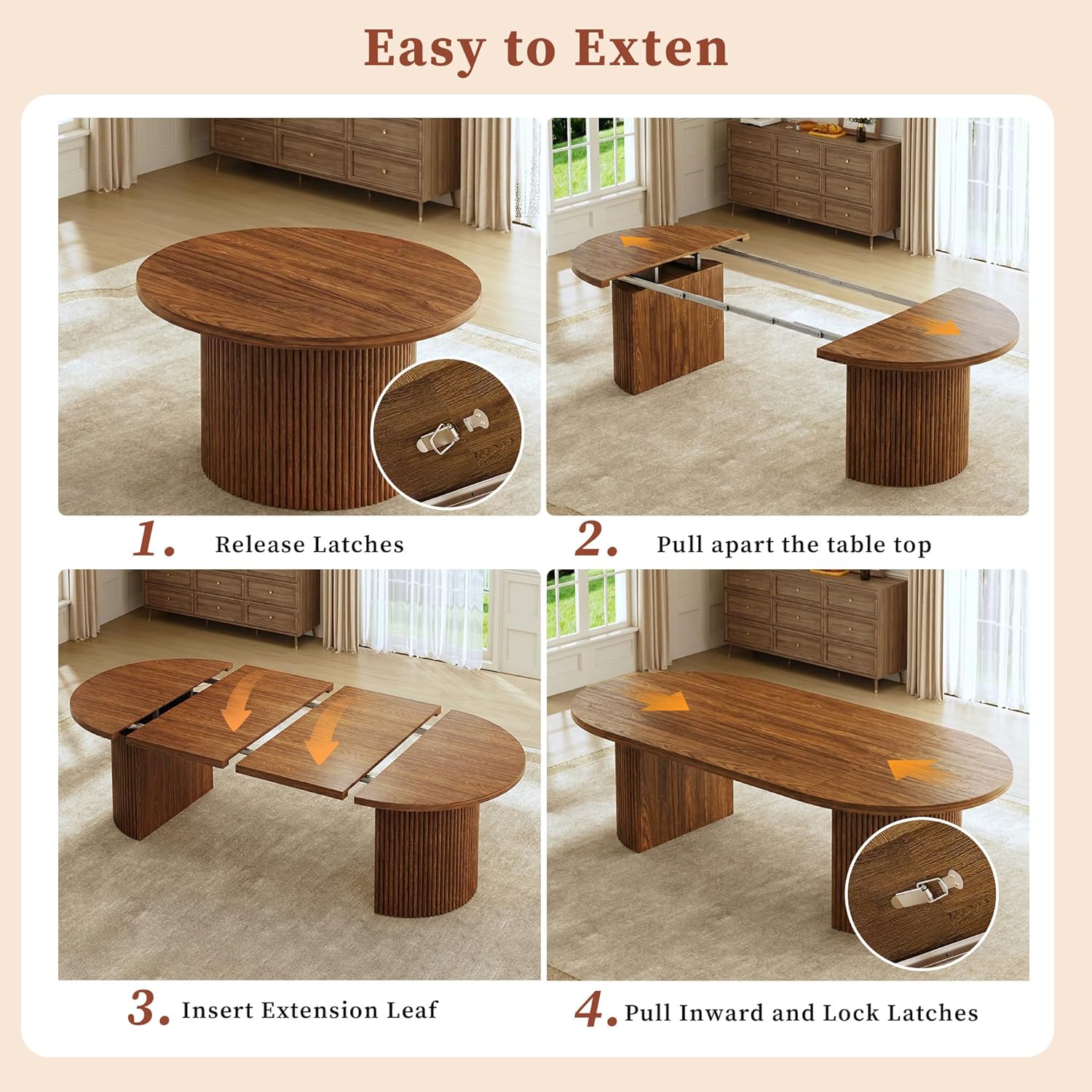 HUAHUU Extendable Round Dining Table for 4-8, 39in-77in Long Large Kitchen Table with Fluted Base, Space Saving Modern Farmhouse Oval Dinner Tables for Dining Room, Kitchen, Living Room, Brown