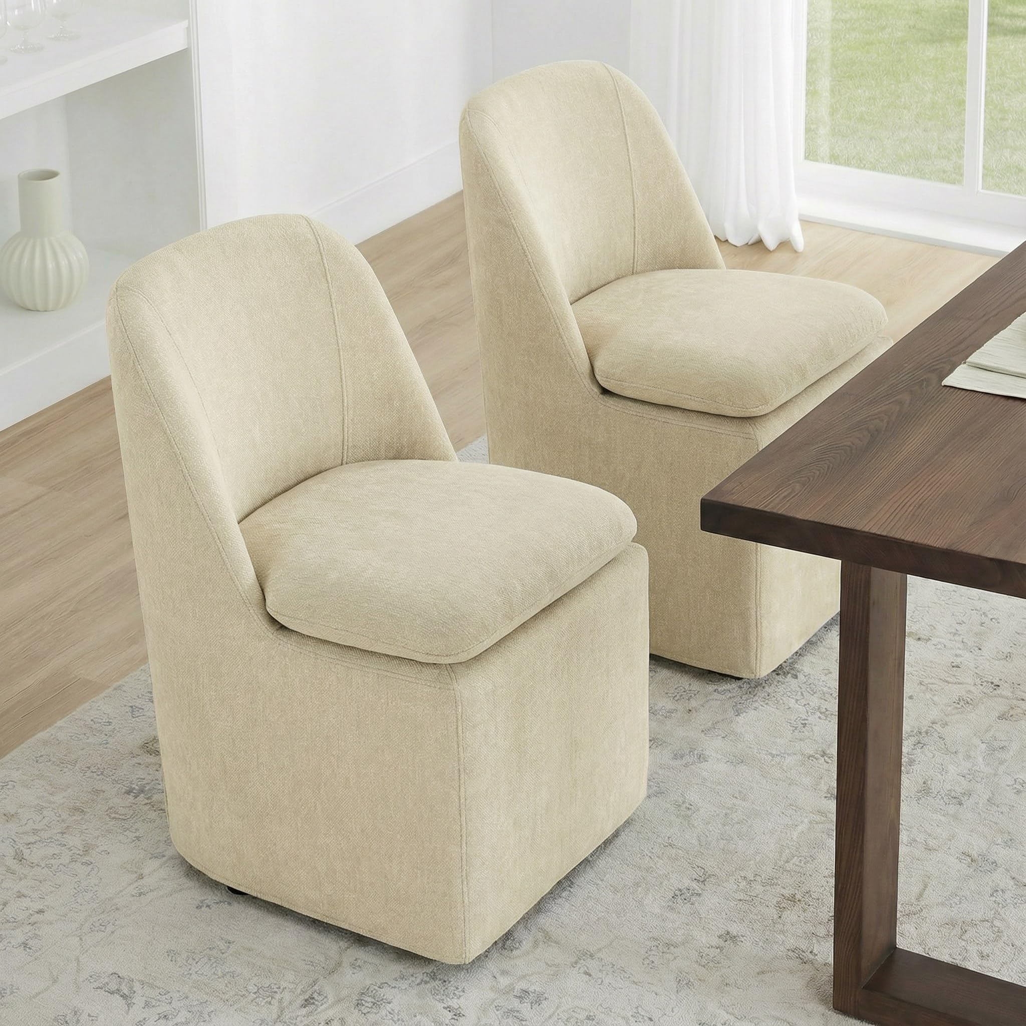 KISLOT Upholstered Dining Chairs Set of 4 with Casters, Wingback Modern Side Armless Deskchair with Rollers for Diningroom Bedroom Livingroom Reading Room, Cream Beige Fabric
