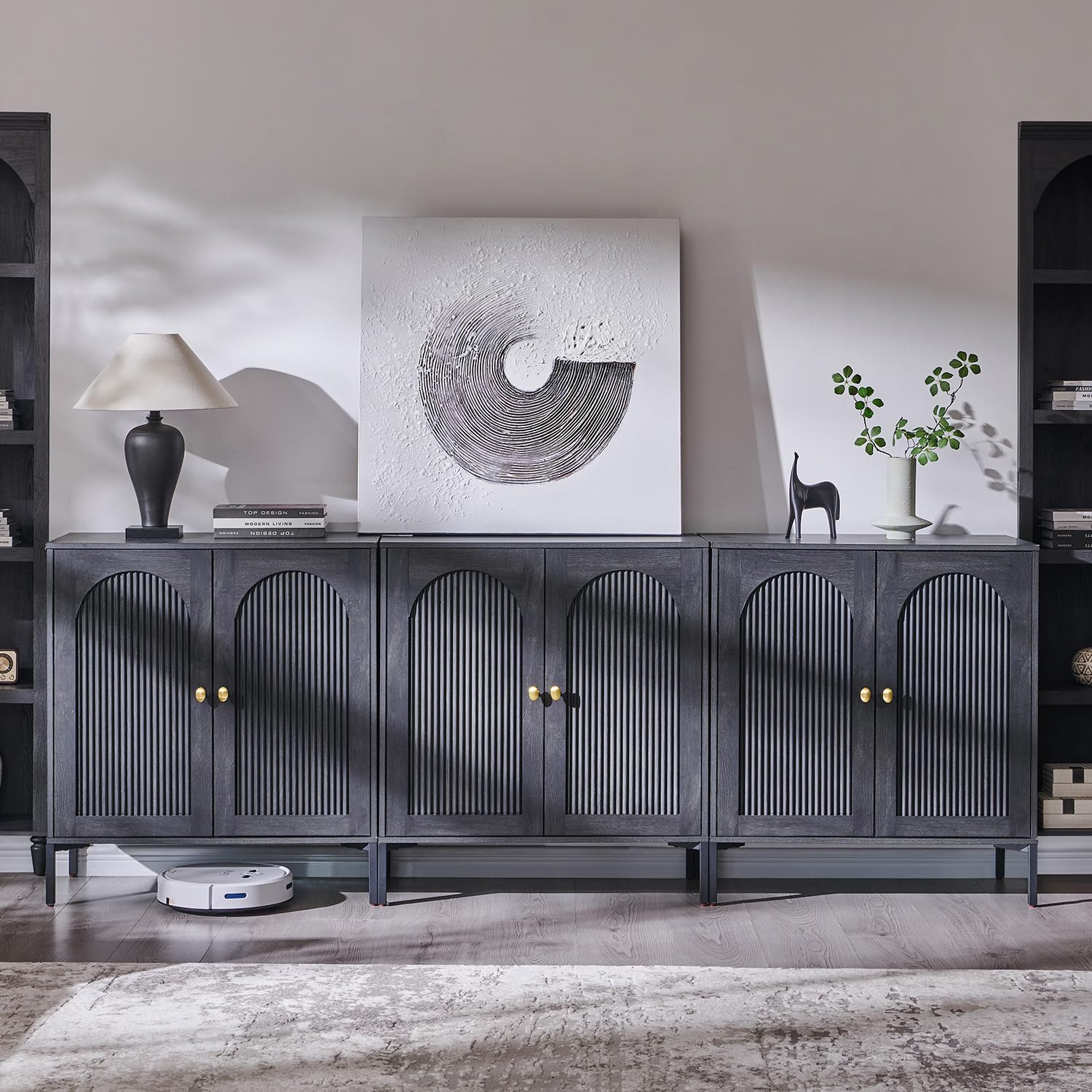 IFGET Modern Buffet Cabinet with Storage, 92.63" W Fluted Arched Sideboard Cabinet w/Adjustable Shelves, Wooden Modular Coffee Bar for Dining Room, Kitchen, Living Room, Entryway, Natural