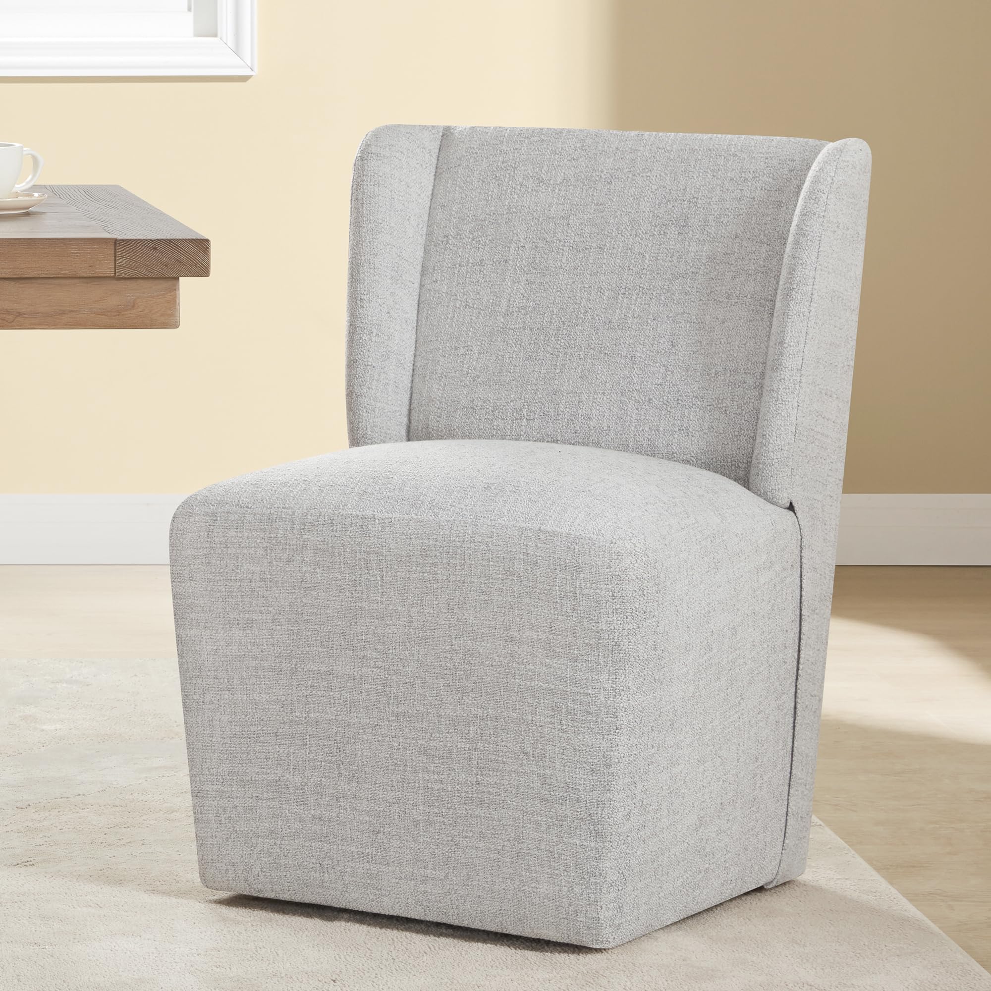 KISLOT Upholstered Dining Chairs Set of 4 with Casters, Wingback Modern Side Armless Deskchair with Rollers for Diningroom Bedroom Livingroom Reading Room, Cream Beige Fabric