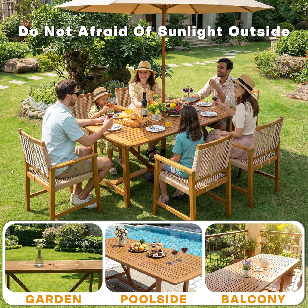 Acacia Extendable Dining Table 63”-95" L for 6-8 Seats, Outdoor Rectangular Table with 2" Umbrella Hole for Garden, Balcony, Poolside & Patio, UV Resistant & Slat Design, Easy Setup - Natural