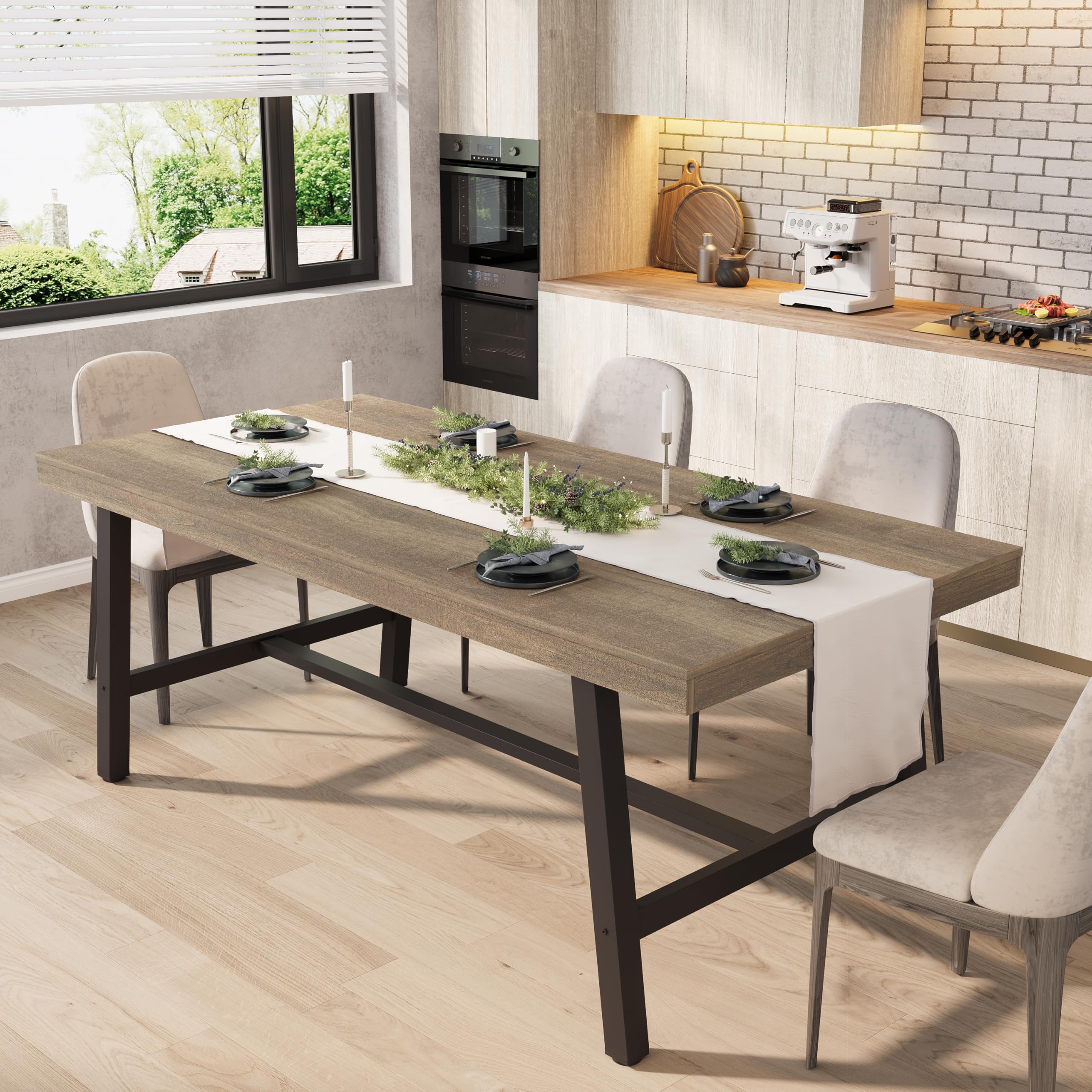 GarveeHome 63-83" Extendable Dining Table, Industrial Rectangular Dining Room Table for 6-8 People, Expandable Kitchen Table with Heavy Duty Metal Frame for Dining Room, Kitchen & Parties, Rustic Pear