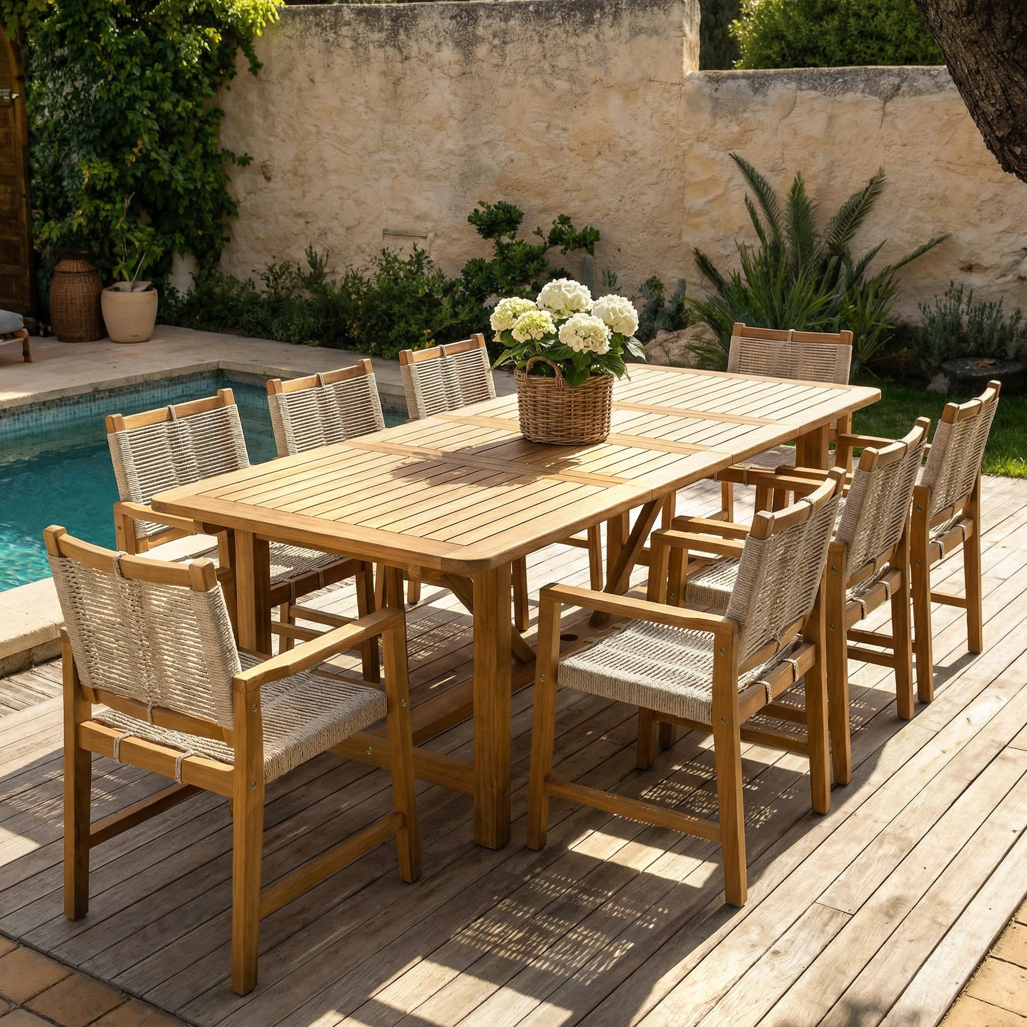 Acacia Extendable Dining Table 63”-95" L for 6-8 Seats, Outdoor Rectangular Table with 2" Umbrella Hole for Garden, Balcony, Poolside & Patio, UV Resistant & Slat Design, Easy Setup - Natural