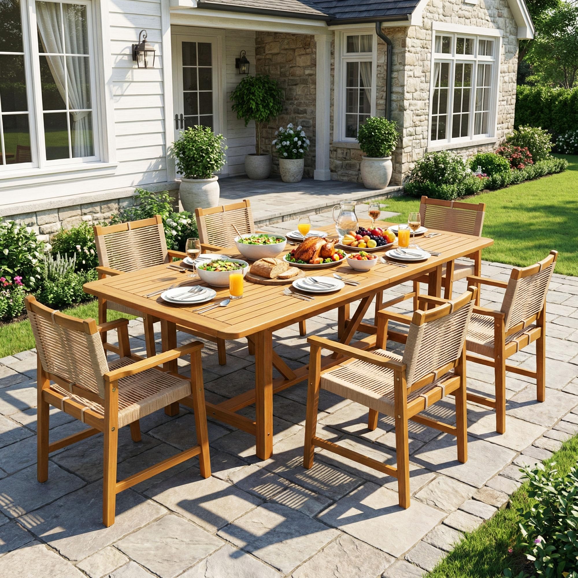 Acacia Extendable Dining Table 63”-95" L for 6-8 Seats, Outdoor Rectangular Table with 2" Umbrella Hole for Garden, Balcony, Poolside & Patio, UV Resistant & Slat Design, Easy Setup - Natural
