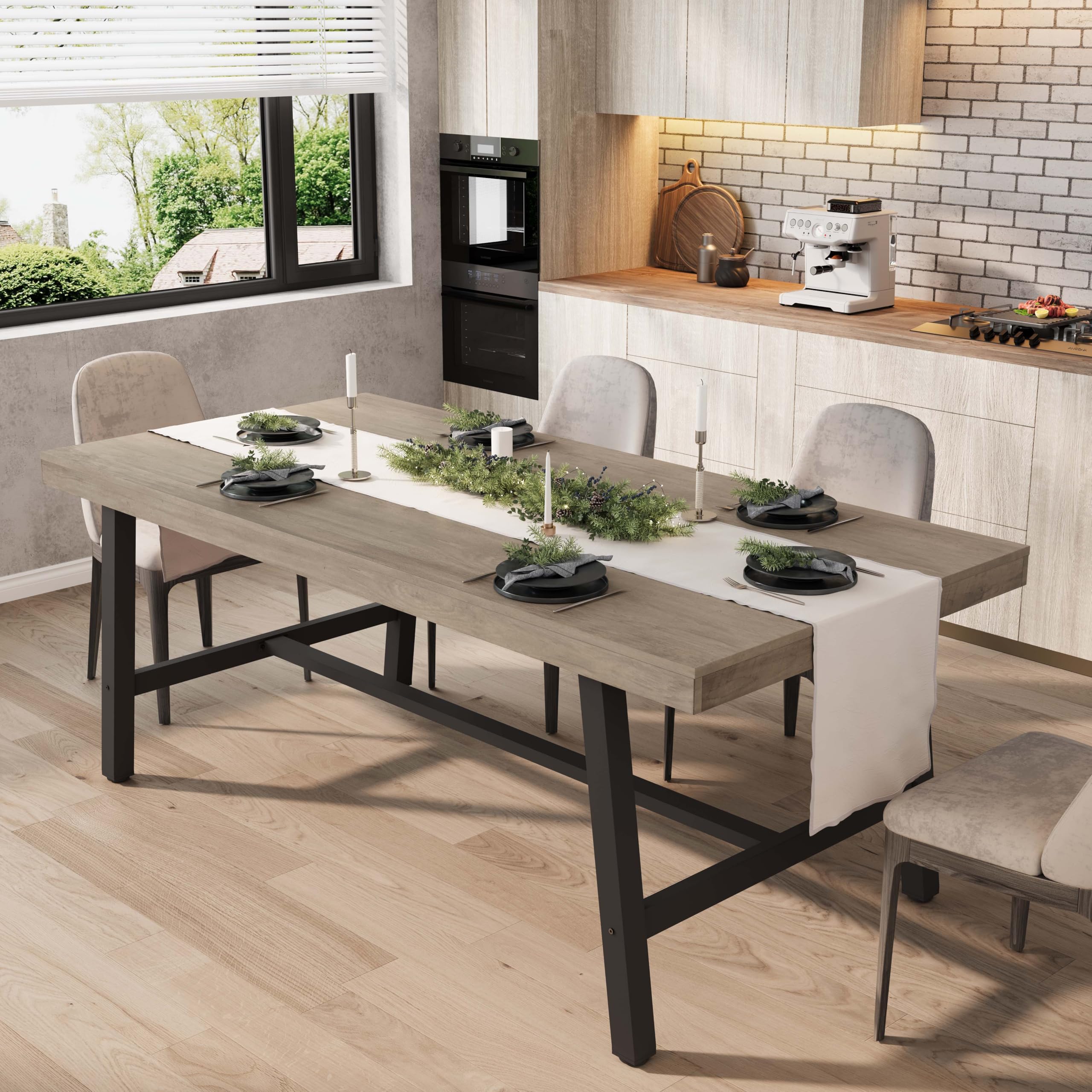 GarveeHome 63-83" Extendable Dining Table, Industrial Rectangular Dining Room Table for 6-8 People, Expandable Kitchen Table with Heavy Duty Metal Frame for Dining Room, Kitchen & Parties, Black