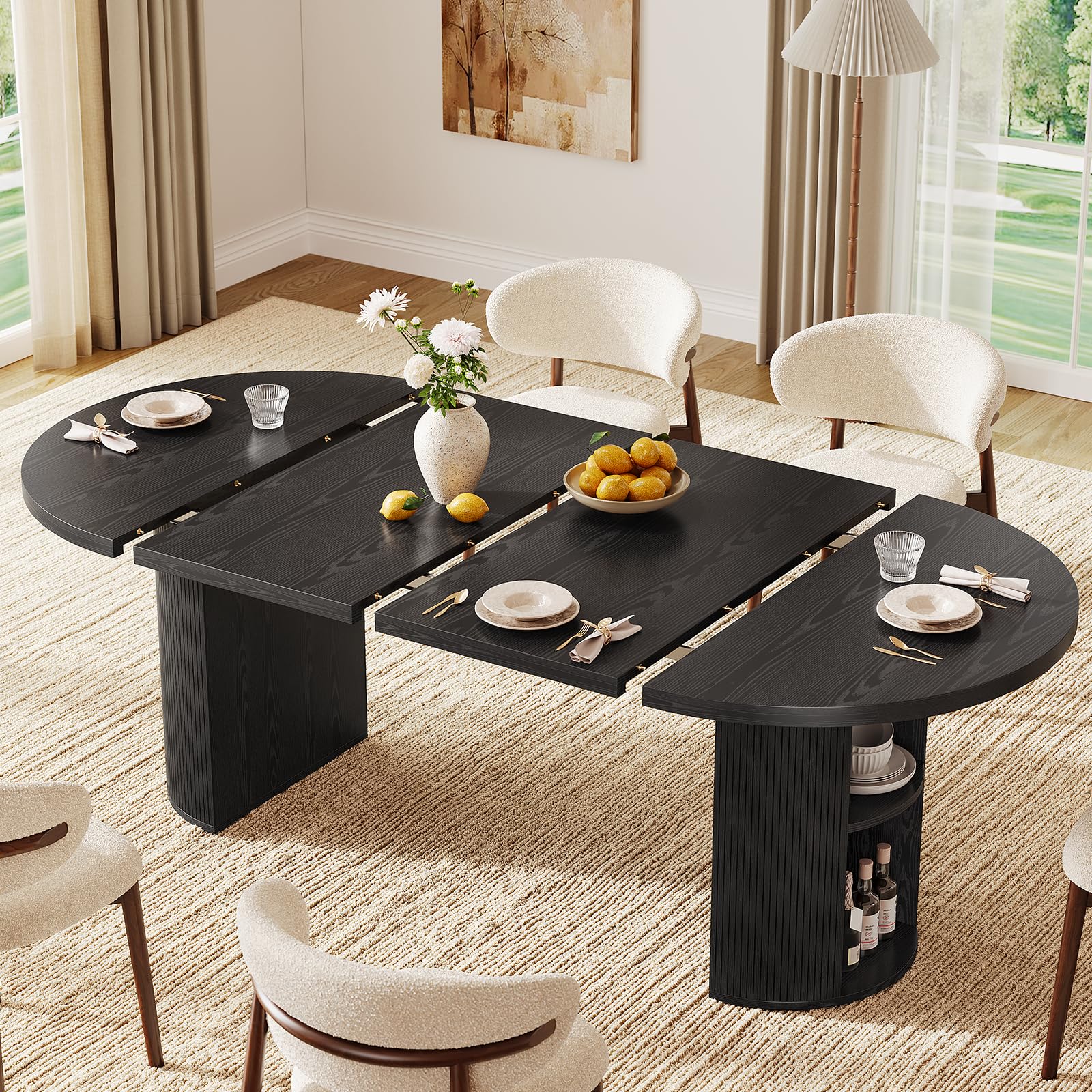 ONBRILL 41-78 Inch Extendable Dining Table for 4-8, Fluted Expandable Kitchen Table with Storage, 2 Leaf, Mid Century Modern Oval Dinner Tables for Dining Room, Kitchen, Living Room, Walnut