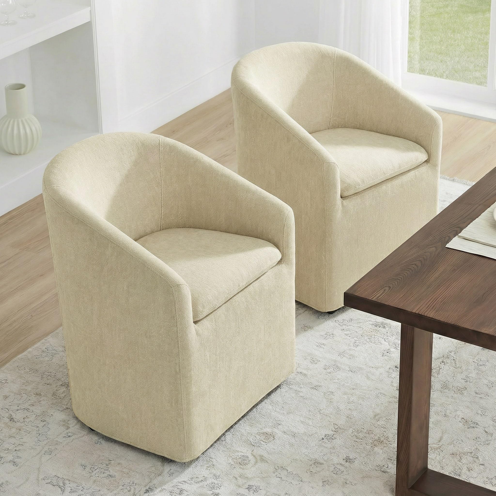 KISLOT Upholstered Dining Chairs Set of 4 with Casters, Wingback Modern Side Armless Deskchair with Rollers for Diningroom Bedroom Livingroom Reading Room, Cream Beige Fabric