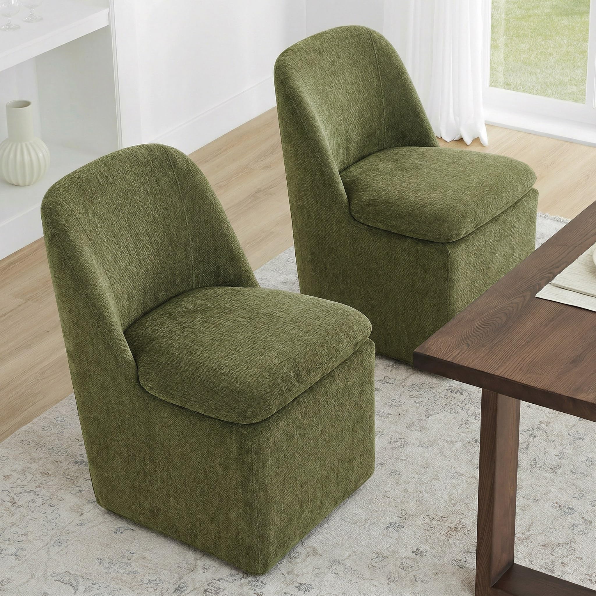 KISLOT Upholstered Dining Chairs Set of 4 with Casters, Wingback Modern Side Armless Deskchair with Rollers for Diningroom Bedroom Livingroom Reading Room, Cream Beige Fabric