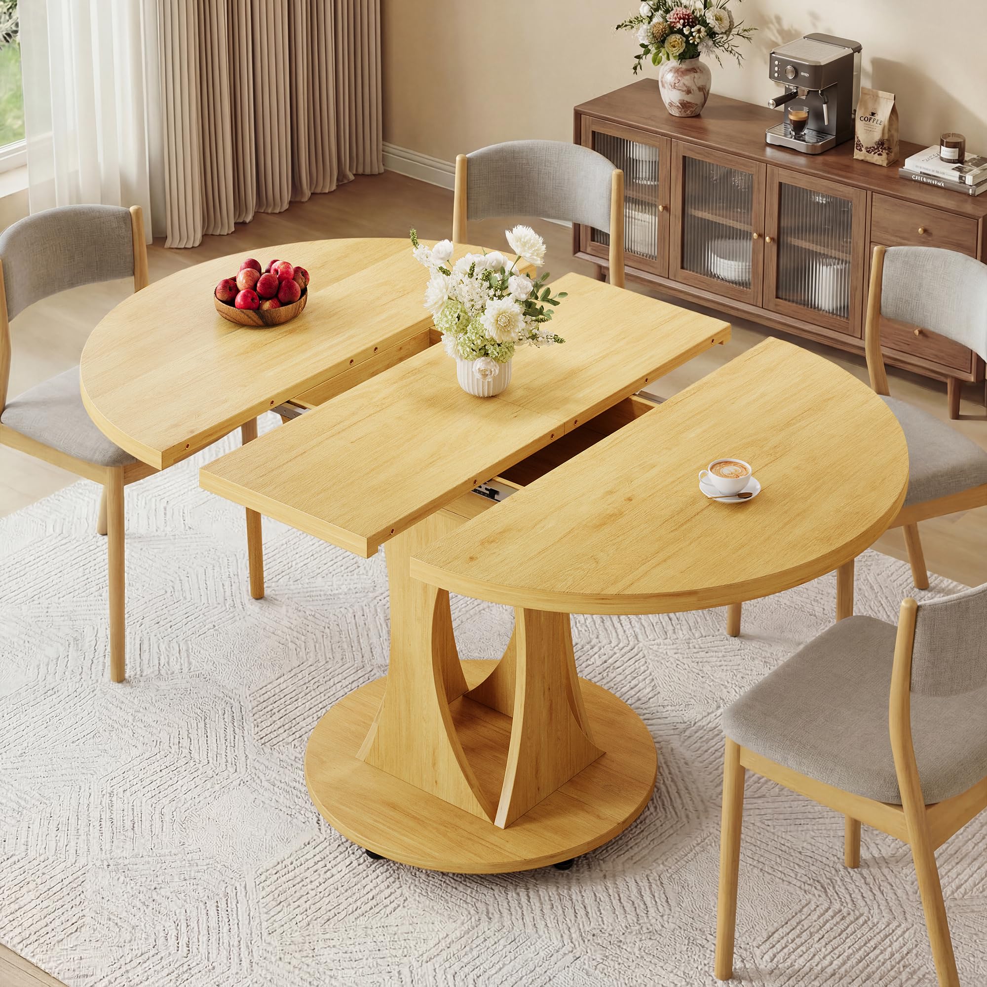 iPormis 43"-59" Extendable Dining Table, Round Kitchen Table with Modern Arcs Pedestal, Oval Dinner Table with Removable Leaves,Hidden Storage, for Kitchen, Dining Room, Living Room, Office, Black