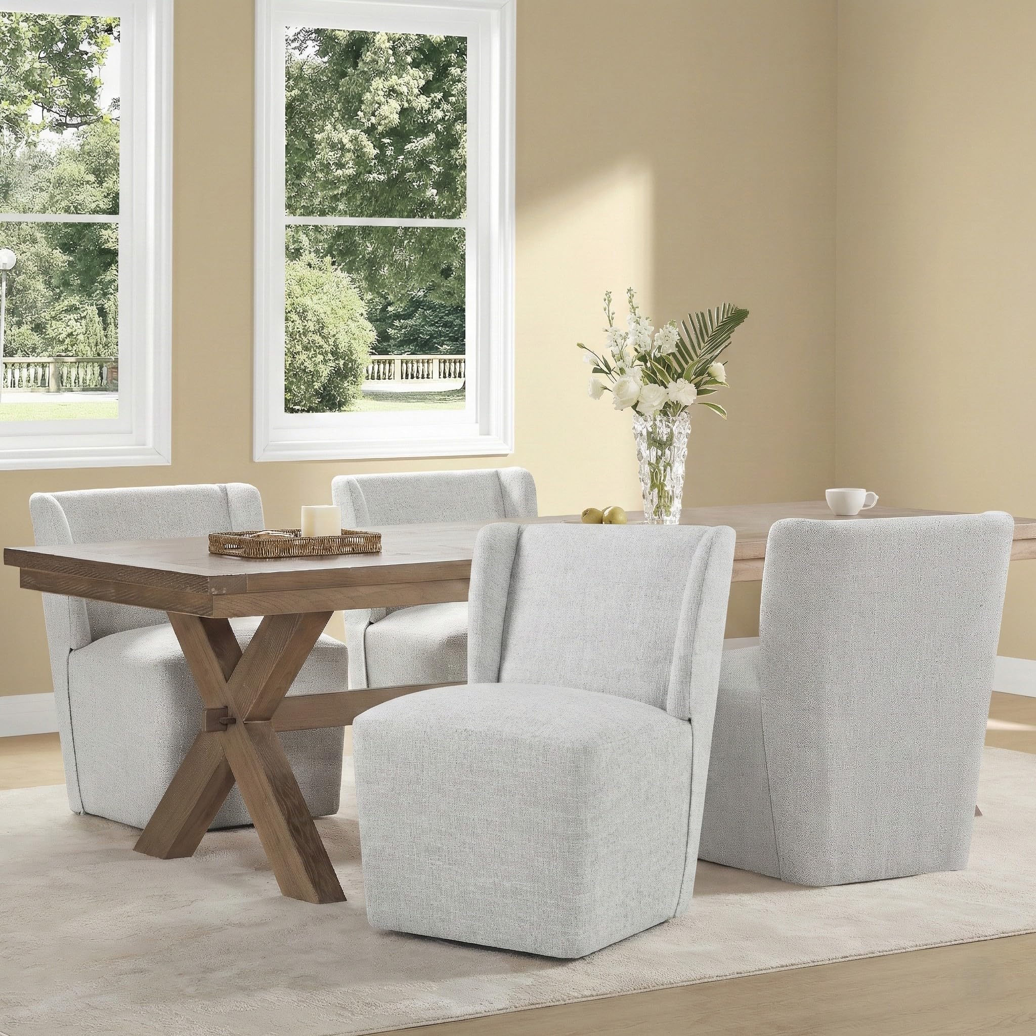 KISLOT Upholstered Dining Chairs Set of 4 with Casters, Wingback Modern Side Armless Deskchair with Rollers for Diningroom Bedroom Livingroom Reading Room, Cream Beige Fabric