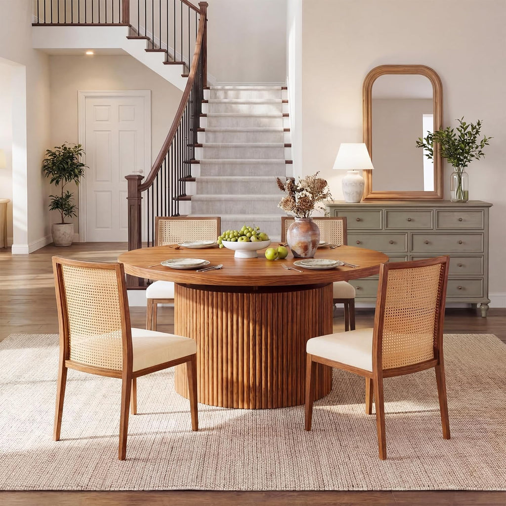 HUAHUU Extendable Round Dining Table for 4-8, 39in-77in Long Large Kitchen Table with Fluted Base, Space Saving Modern Farmhouse Oval Dinner Tables for Dining Room, Kitchen, Living Room, Brown