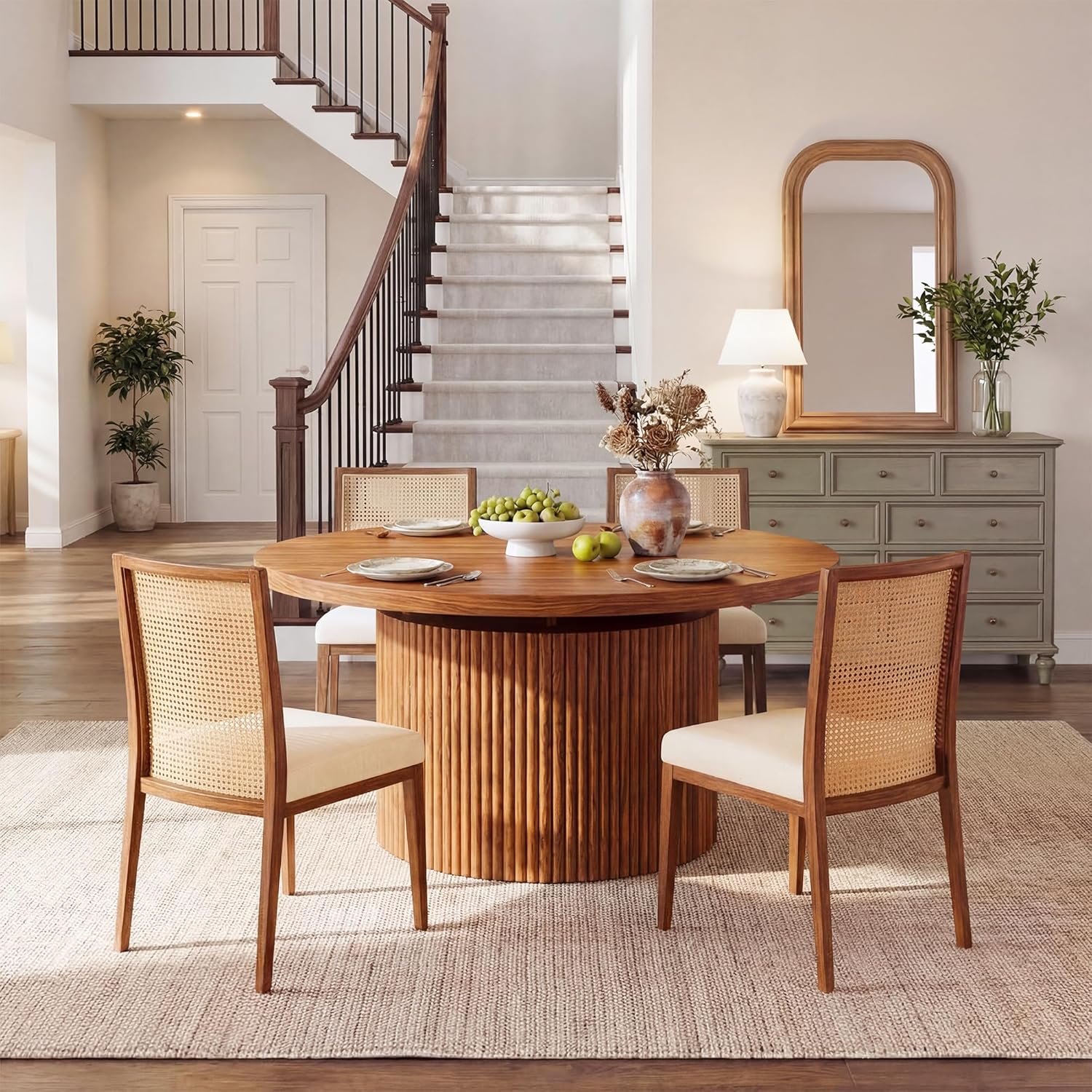 HUAHUU Extendable Round Dining Table for 4-8, 39in-77in Long Large Kitchen Table with Fluted Base, Space Saving Modern Farmhouse Oval Dinner Tables for Dining Room, Kitchen, Living Room, Brown