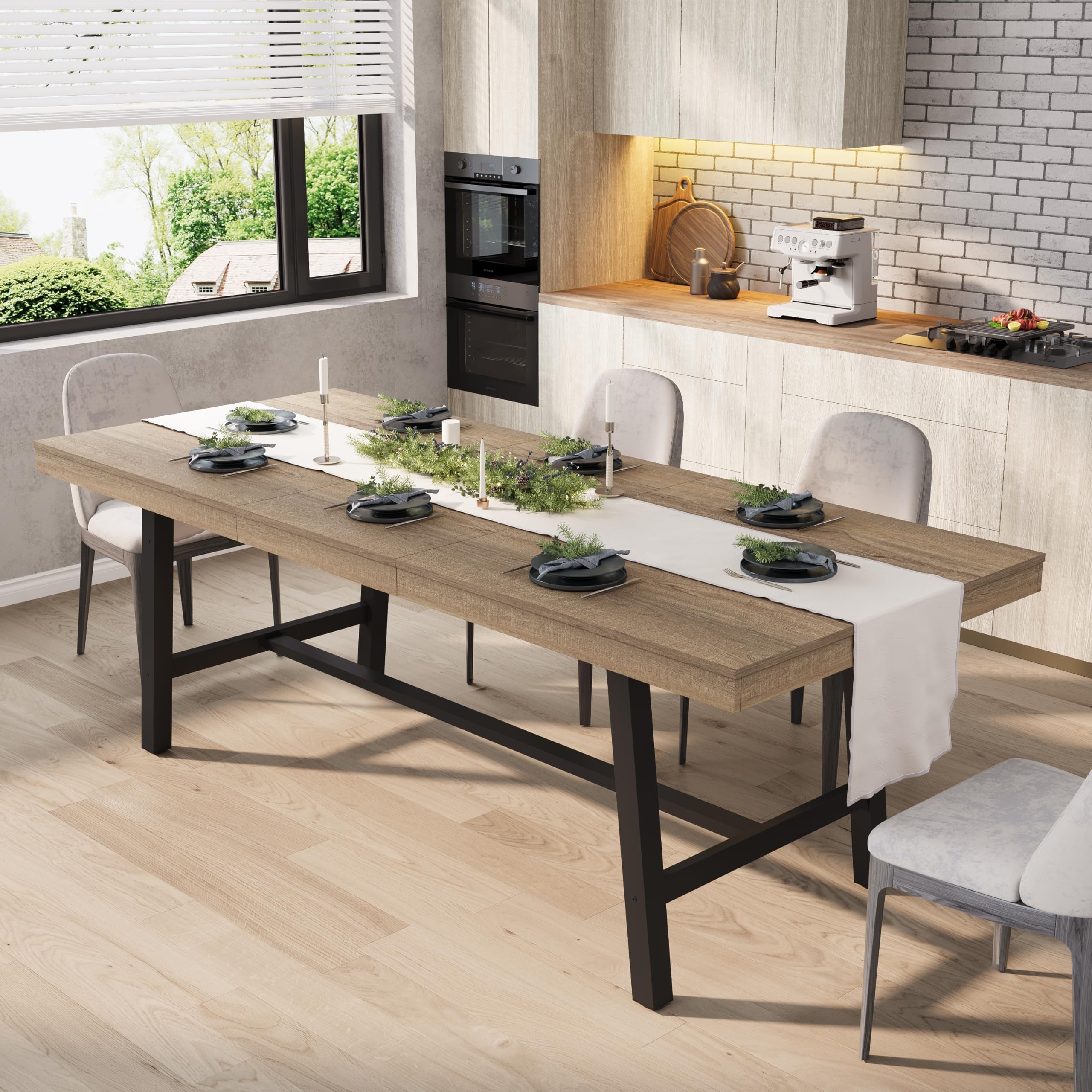 GarveeHome 63-83" Extendable Dining Table, Industrial Rectangular Dining Room Table for 6-8 People, Expandable Kitchen Table with Heavy Duty Metal Frame for Dining Room, Kitchen & Parties, Black