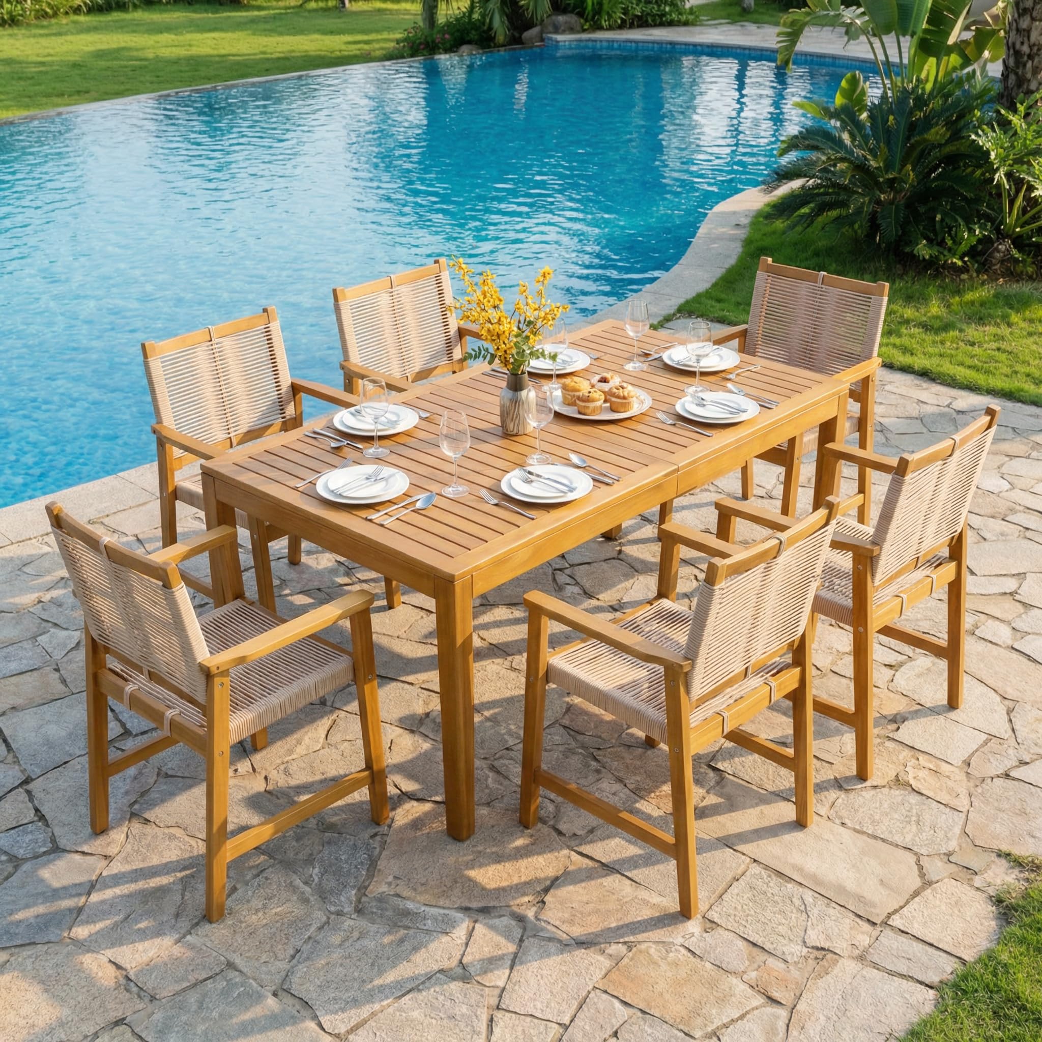 Acacia Extendable Dining Table 63”-95" L for 6-8 Seats, Outdoor Rectangular Table with 2" Umbrella Hole for Garden, Balcony, Poolside & Patio, UV Resistant & Slat Design, Easy Setup - Natural