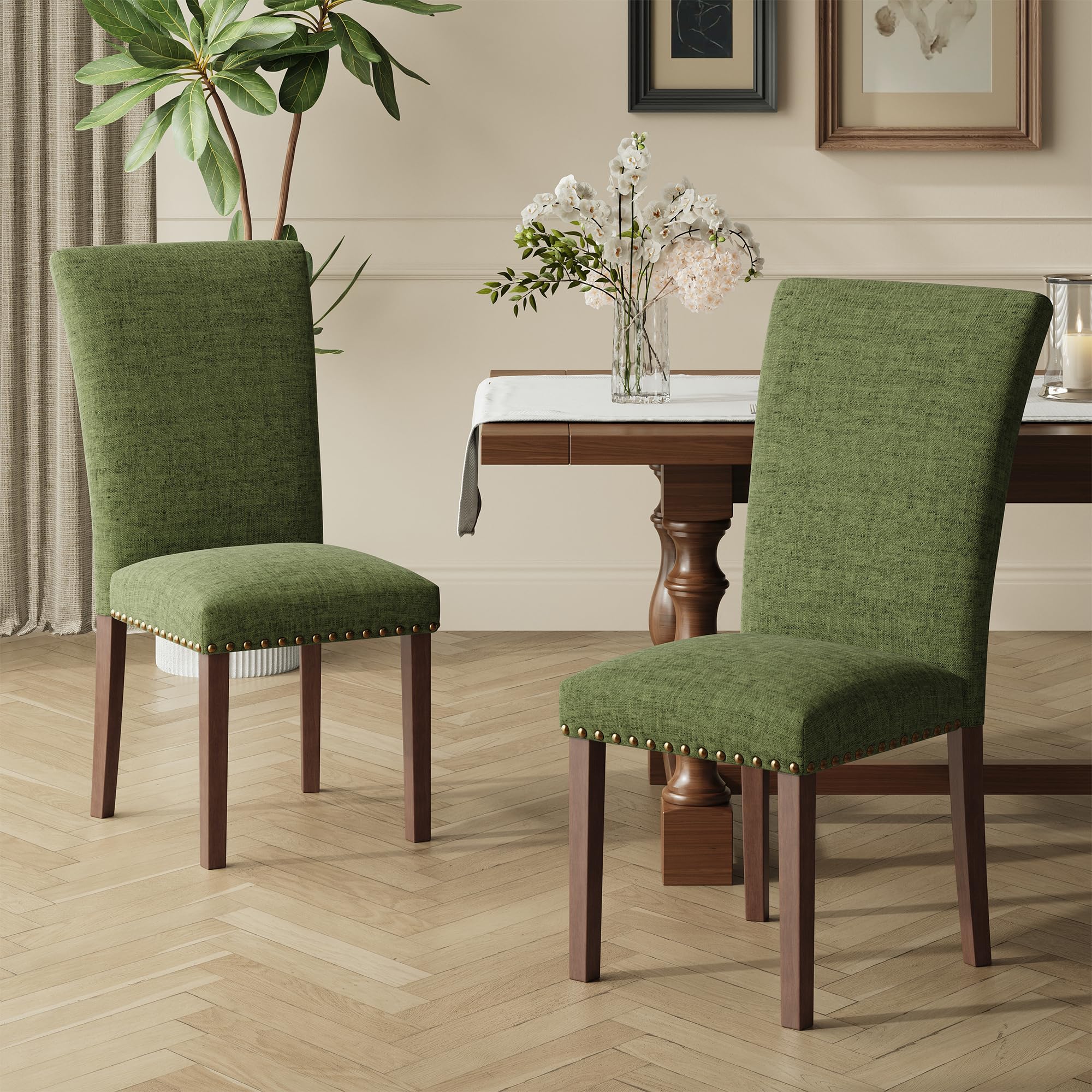 COLAMY Upholstered Fabric Dining Chairs Set of 6, High Back Padded Chairs w/Nailed Trim & Solid Wood Legs, Classic Parsons Chairs Side Chair for Home/Kitchen/Living Room-Beige (A420-BEIGE-6pcs)