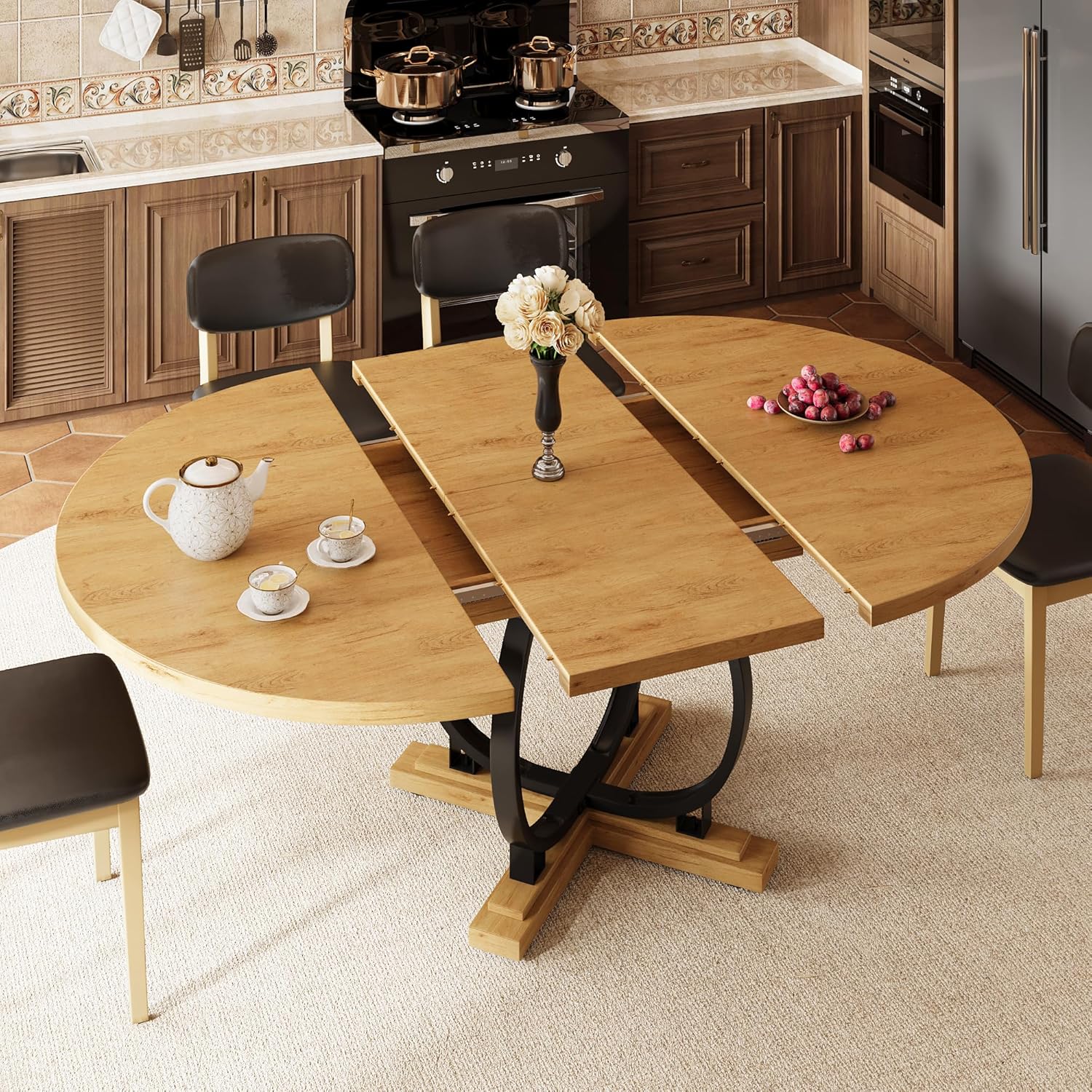 iPormis 59'' Extendable Round Dining Table for 4 to 6, Kitchen Table with Sturdy X-Base Metal Legs, MDF Board with Backboard Clasp, Space Saving, Easy Assembly, Kitchen, Dining Room, Oak