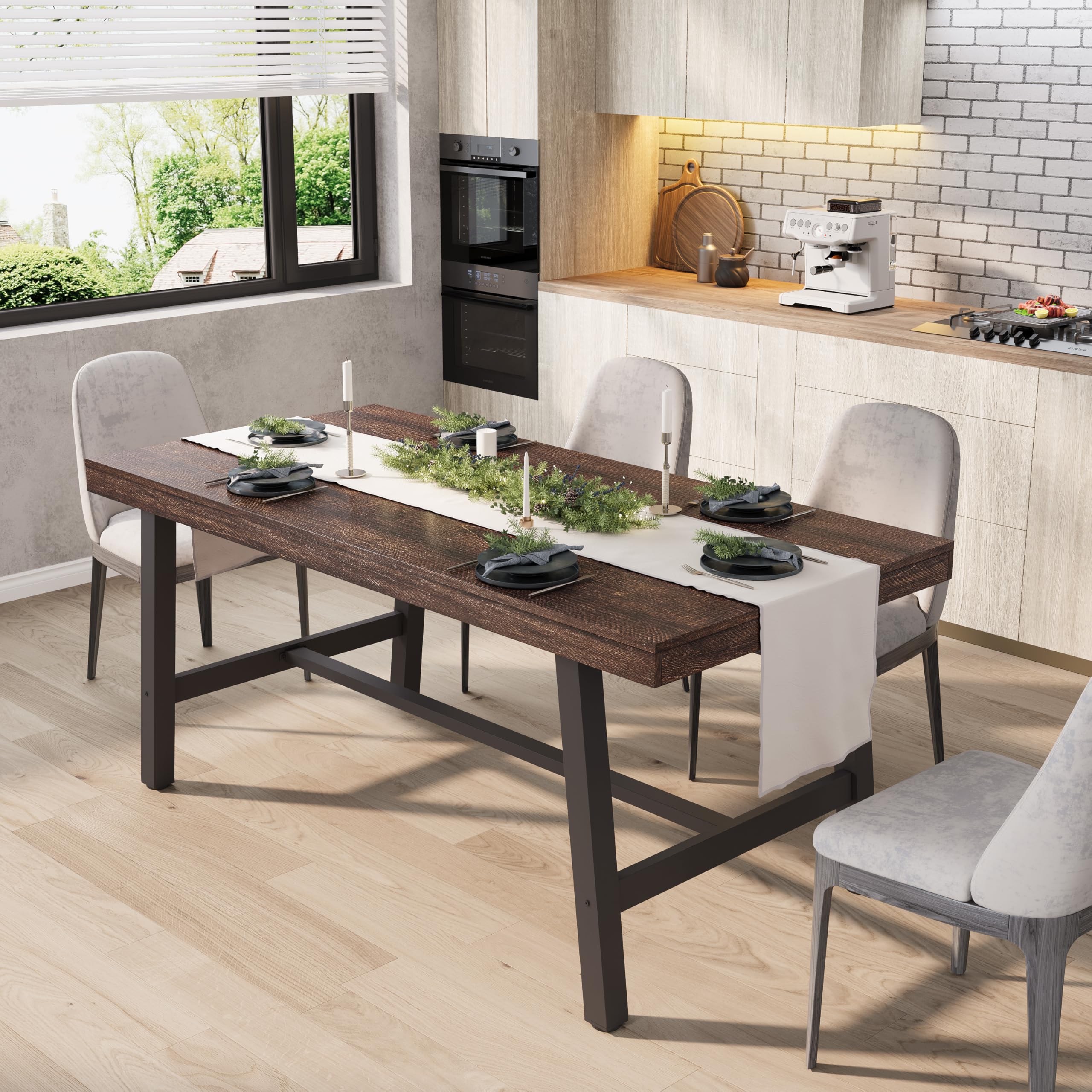 GarveeHome 63-83" Extendable Dining Table, Industrial Rectangular Dining Room Table for 6-8 People, Expandable Kitchen Table with Heavy Duty Metal Frame for Dining Room, Kitchen & Parties, Rustic Pear