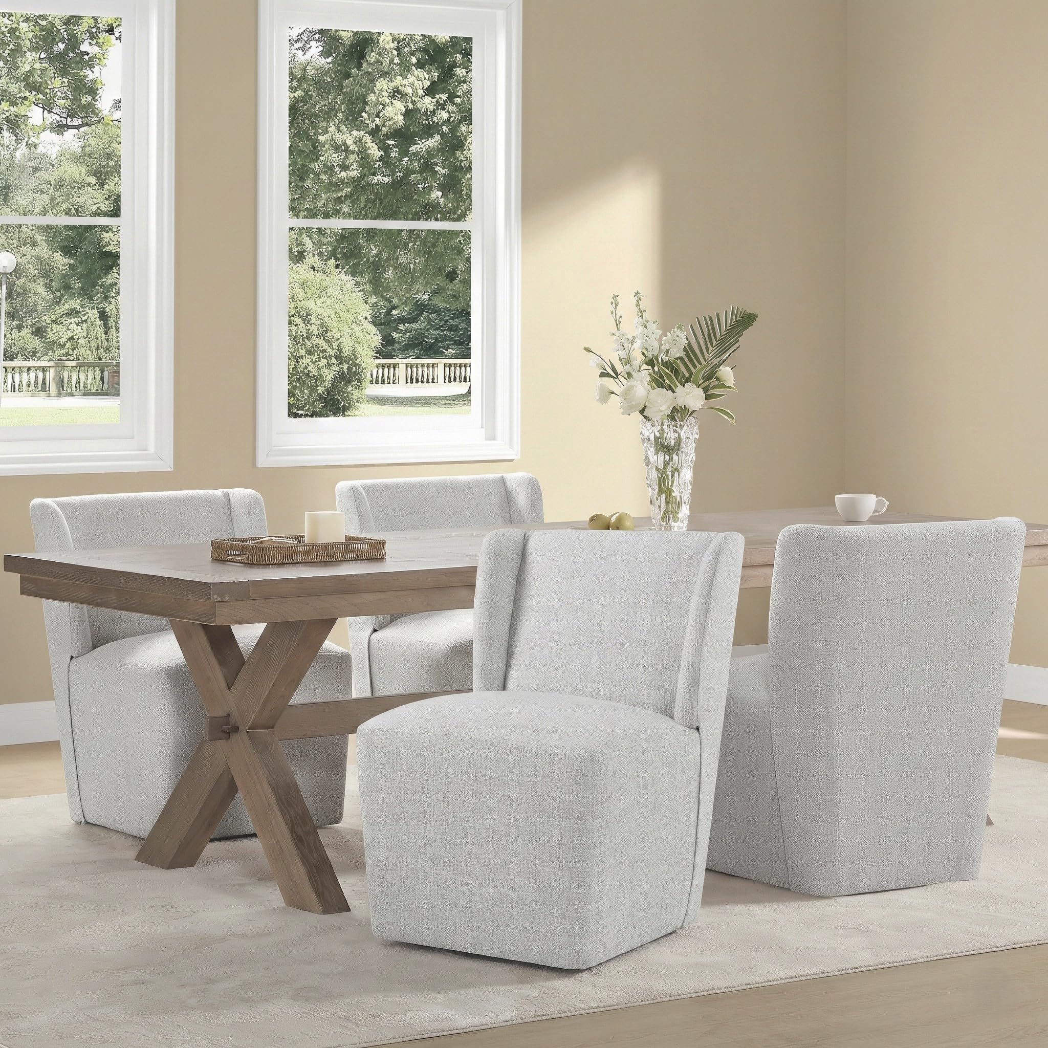 KISLOT Upholstered Dining Chairs Set of 4 with Casters, Wingback Modern Side Armless Deskchair with Rollers for Diningroom Bedroom Livingroom Reading Room, Cream Beige Fabric
