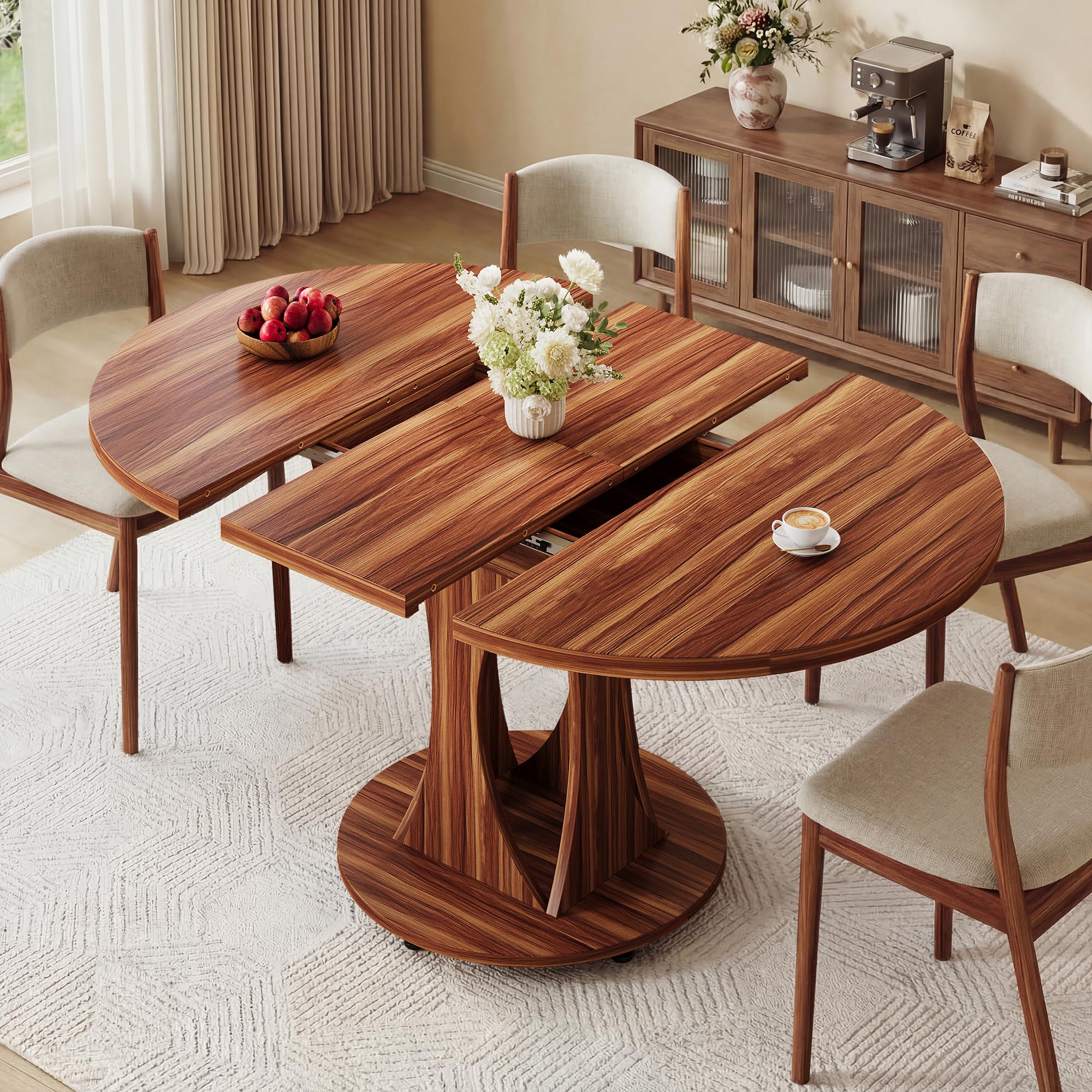 iPormis 43"-59" Extendable Dining Table, Round Kitchen Table with Modern Arcs Pedestal, Oval Dinner Table with Removable Leaves,Hidden Storage, for Kitchen, Dining Room, Living Room, Office, Black