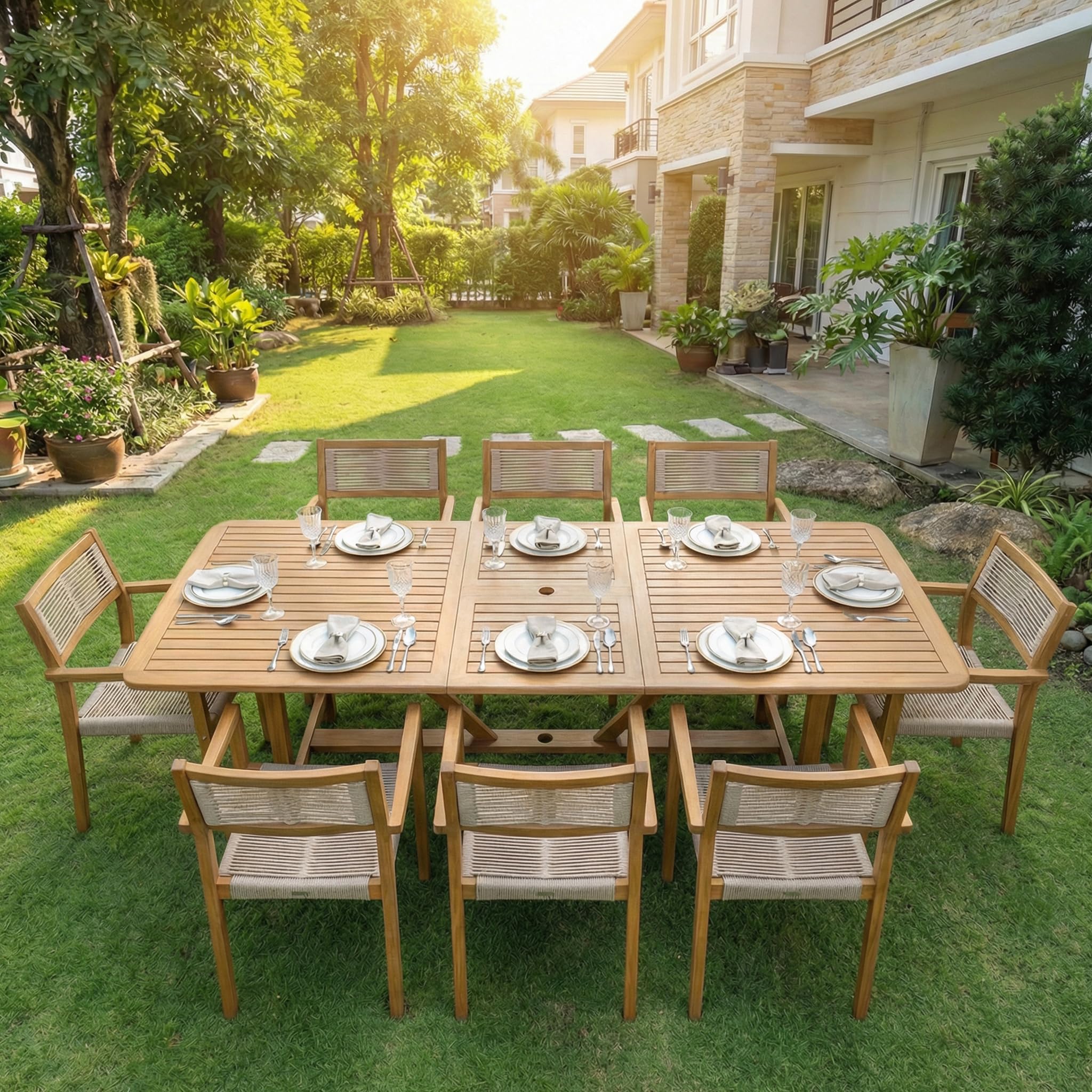 Acacia Extendable Dining Table 63”-95" L for 6-8 Seats, Outdoor Rectangular Table with 2" Umbrella Hole for Garden, Balcony, Poolside & Patio, UV Resistant & Slat Design, Easy Setup - Natural