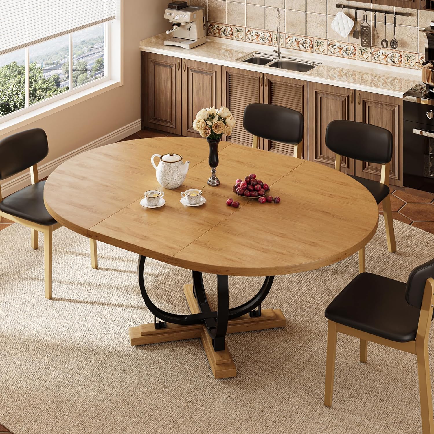 iPormis 59'' Extendable Round Dining Table for 4 to 6, Kitchen Table with Sturdy X-Base Metal Legs, MDF Board with Backboard Clasp, Space Saving, Easy Assembly, Kitchen, Dining Room, Oak