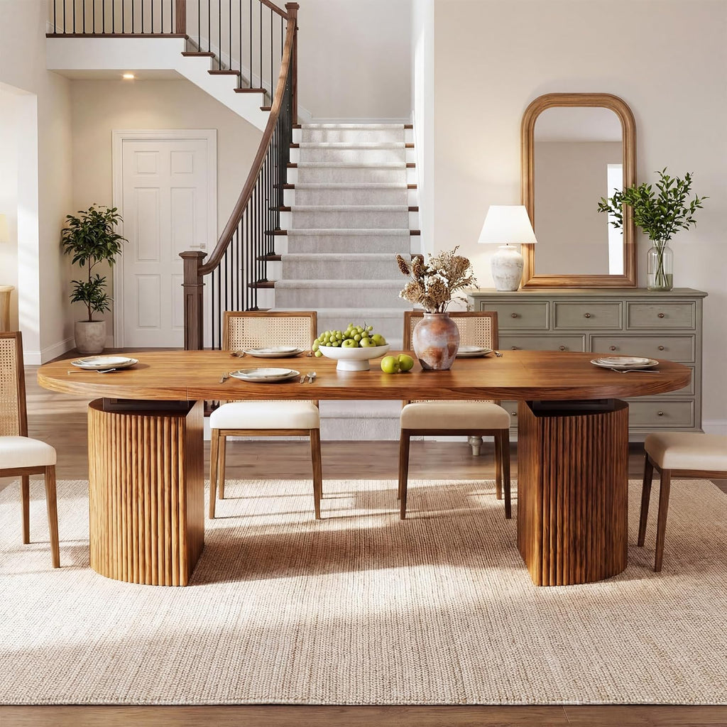 HUAHUU Extendable Round Dining Table for 4-8, 39in-77in Long Large Kitchen Table with Fluted Base, Space Saving Modern Farmhouse Oval Dinner Tables for Dining Room, Kitchen, Living Room, Brown