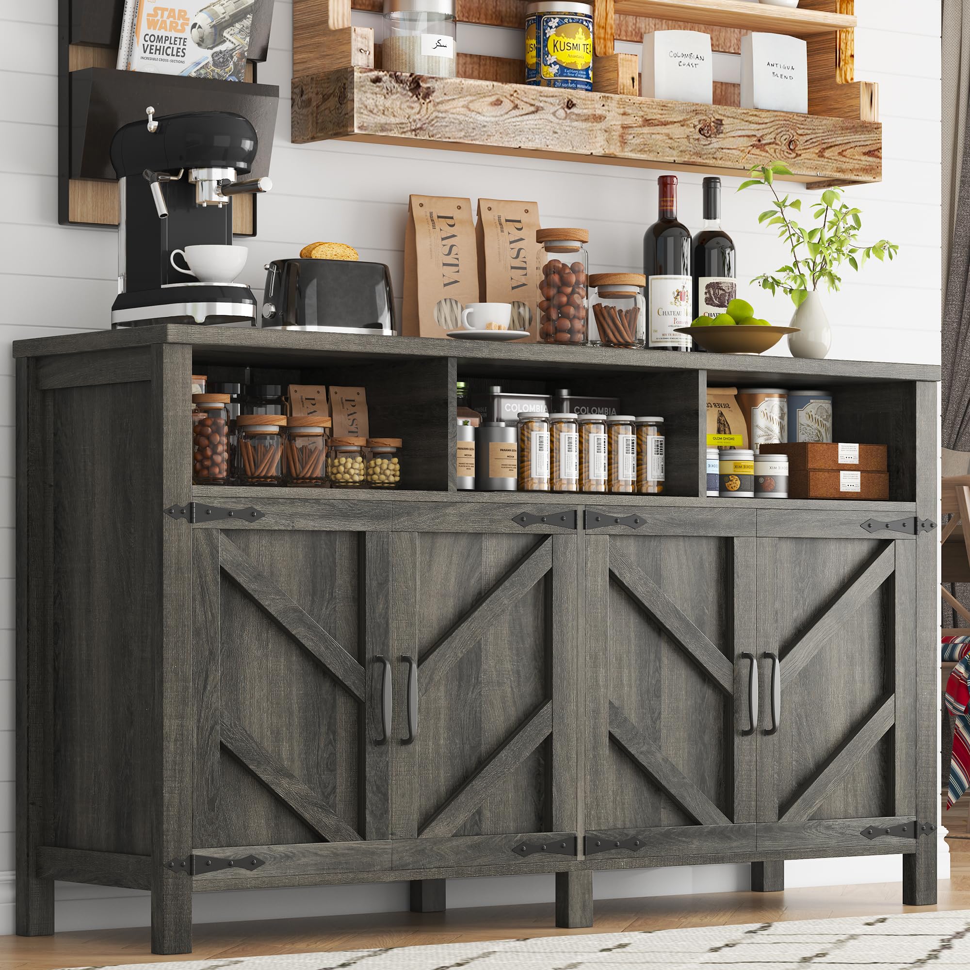 knoworld Buffet Sideboard with Storage with Power Outlets & LED Light 4 Doors, 55'' Large Farmhouse Kitchen Storage Cabinet Wood Coffee Bar Cabinet Buffet Table for Kitchen, Dining Room, Entryway