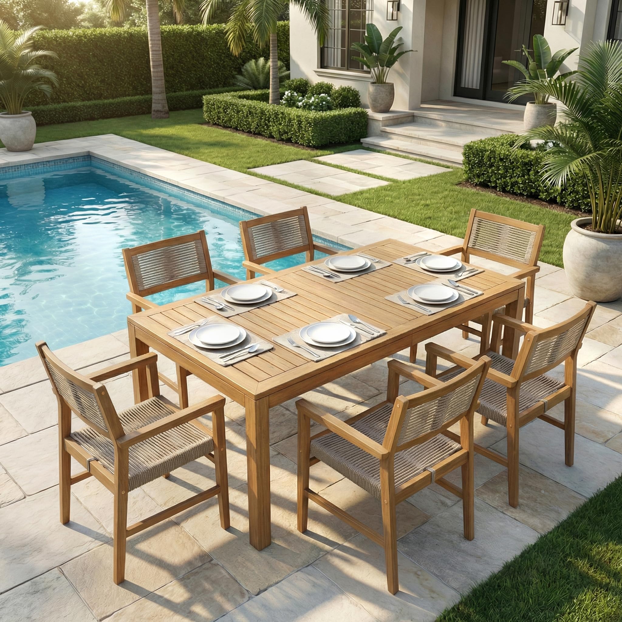 Acacia Extendable Dining Table 63”-95" L for 6-8 Seats, Outdoor Rectangular Table with 2" Umbrella Hole for Garden, Balcony, Poolside & Patio, UV Resistant & Slat Design, Easy Setup - Natural
