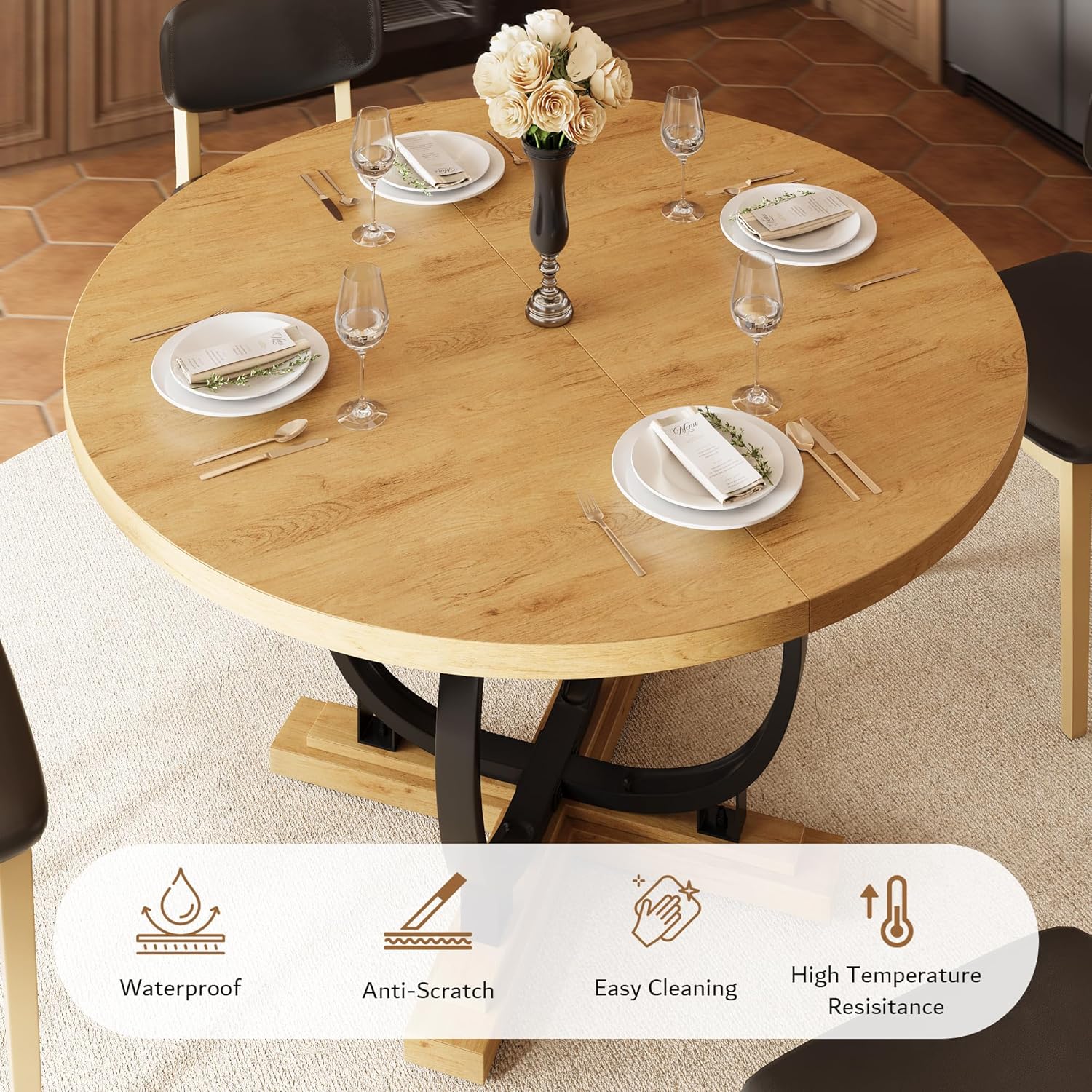 iPormis 59'' Extendable Round Dining Table for 4 to 6, Kitchen Table with Sturdy X-Base Metal Legs, MDF Board with Backboard Clasp, Space Saving, Easy Assembly, Kitchen, Dining Room, Oak