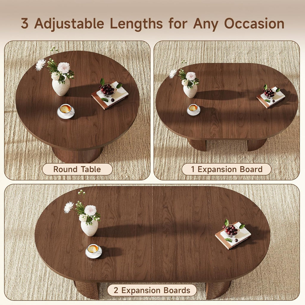 ONBRILL 41-78 Inch Extendable Dining Table for 4-8, Fluted Expandable Kitchen Table with Storage, 2 Leaf, Mid Century Modern Oval Dinner Tables for Dining Room, Kitchen, Living Room, Walnut