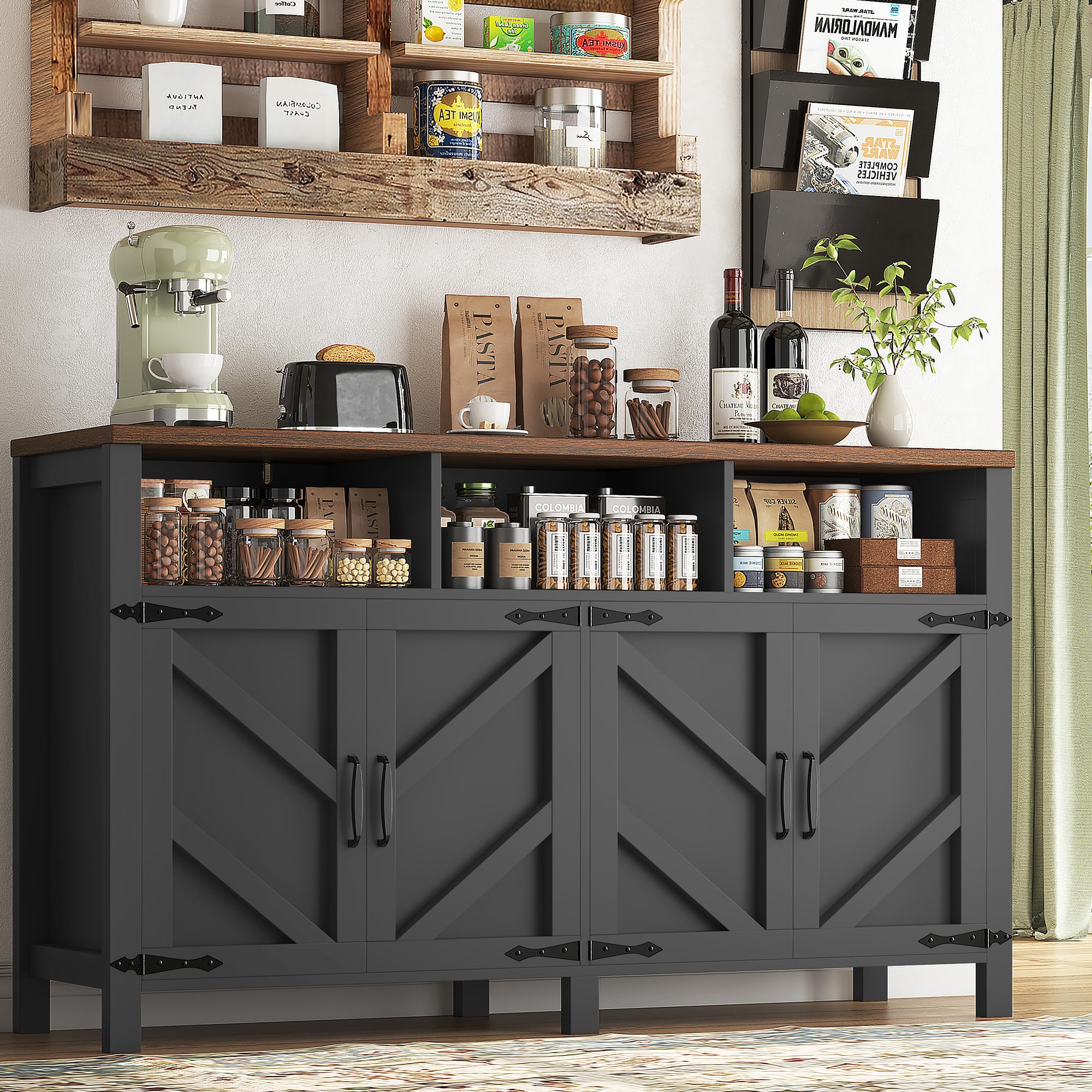 knoworld Buffet Sideboard with Storage with Power Outlets & LED Light 4 Doors, 55'' Large Farmhouse Kitchen Storage Cabinet Wood Coffee Bar Cabinet Buffet Table for Kitchen, Dining Room, Entryway