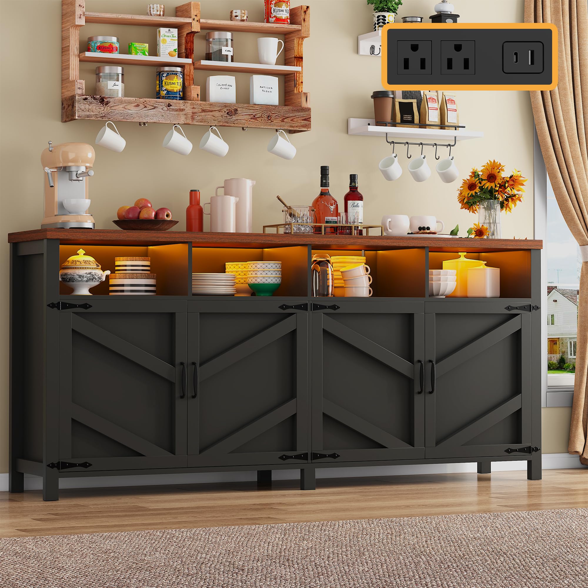 knoworld Buffet Sideboard with Storage with Power Outlets & LED Light 4 Doors, 55'' Large Farmhouse Kitchen Storage Cabinet Wood Coffee Bar Cabinet Buffet Table for Kitchen, Dining Room, Entryway
