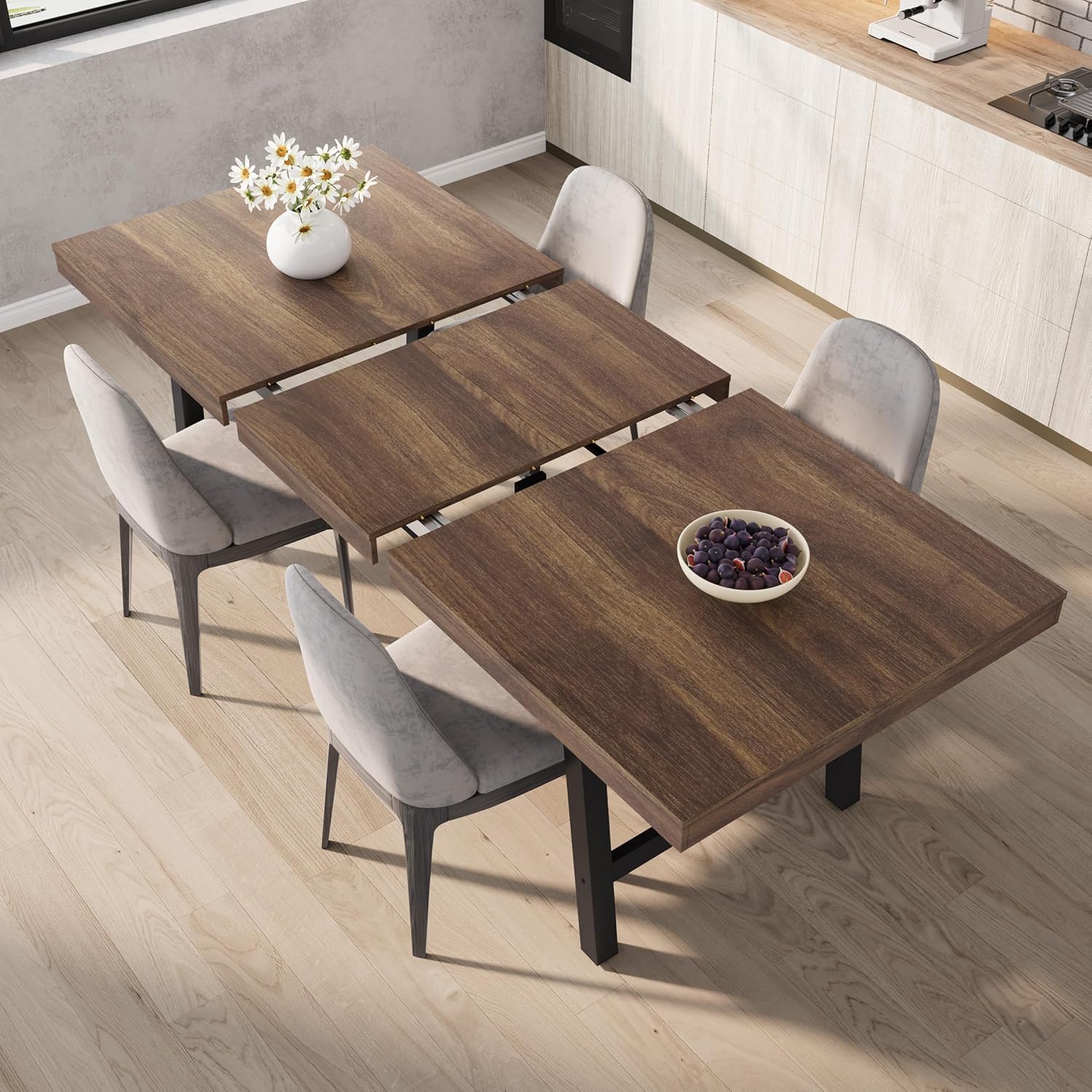 GarveeHome 63-83" Extendable Dining Table, Industrial Rectangular Dining Room Table for 6-8 People, Expandable Kitchen Table with Heavy Duty Metal Frame for Dining Room, Kitchen & Parties, Brown