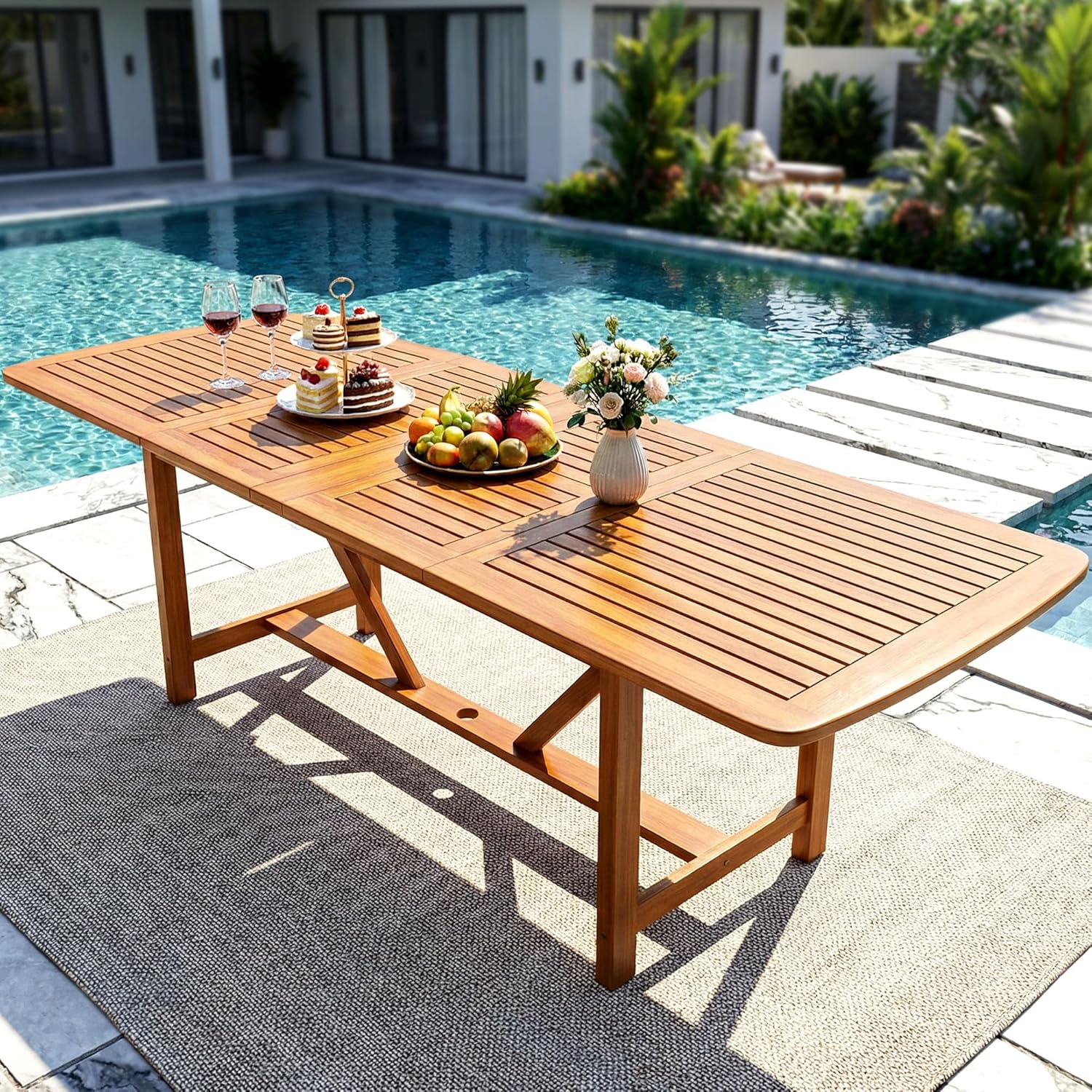 Acacia Extendable Dining Table 63”-95" L for 6-8 Seats, Outdoor Rectangular Table with 2" Umbrella Hole for Garden, Balcony, Poolside & Patio, UV Resistant & Slat Design, Easy Setup - Natural